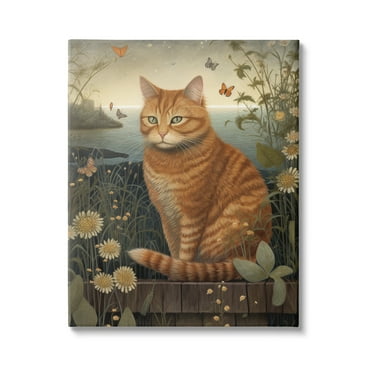 Stupell Industries Orange Cat by Pond Animals & Insects Painting Gallery Wrapped Canvas Print Wall Art, 16 x 20