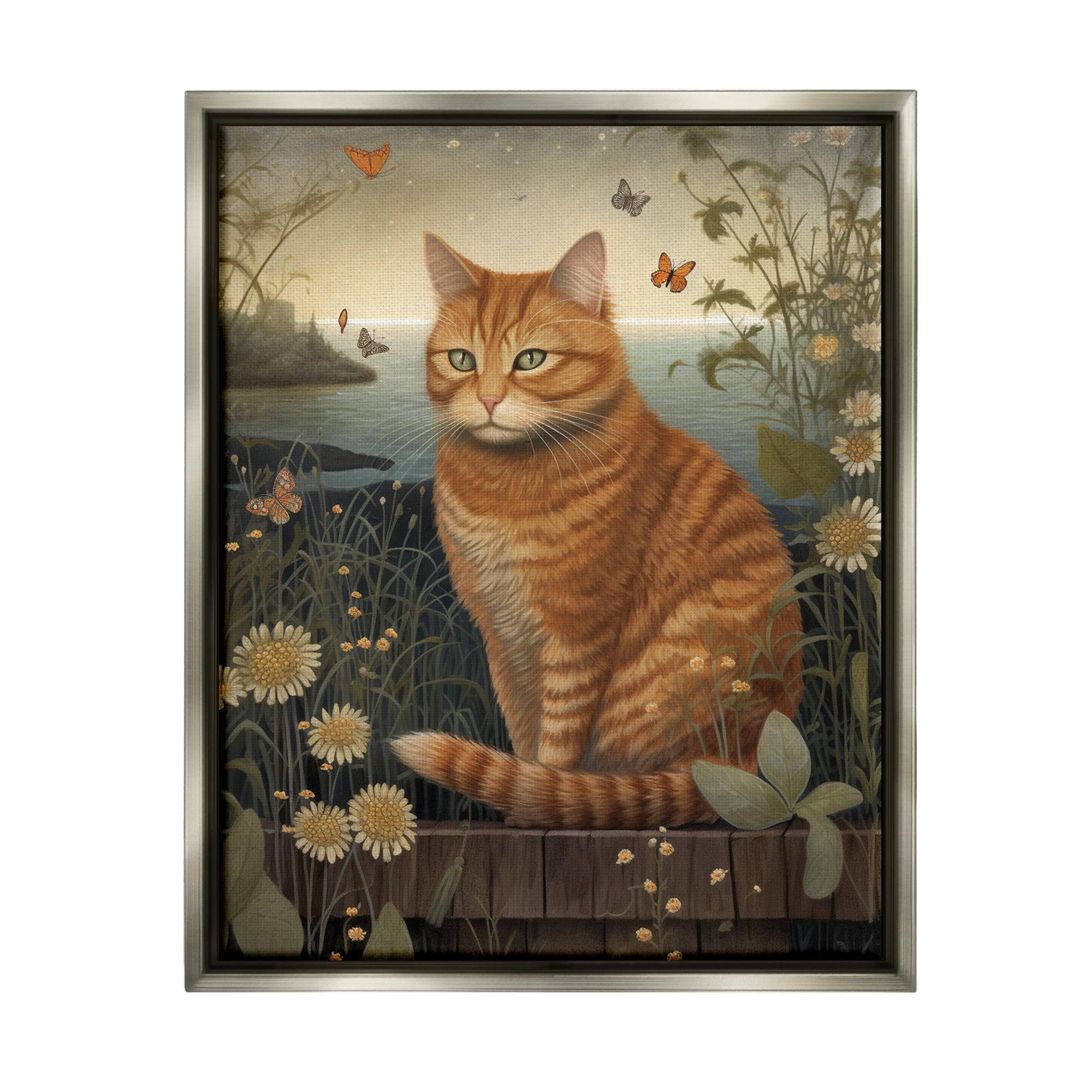Stupell Industries Orange Cat by Pond Animals & Insects Painting Gray Floater Framed Art Print Wall Art, 25 x 31