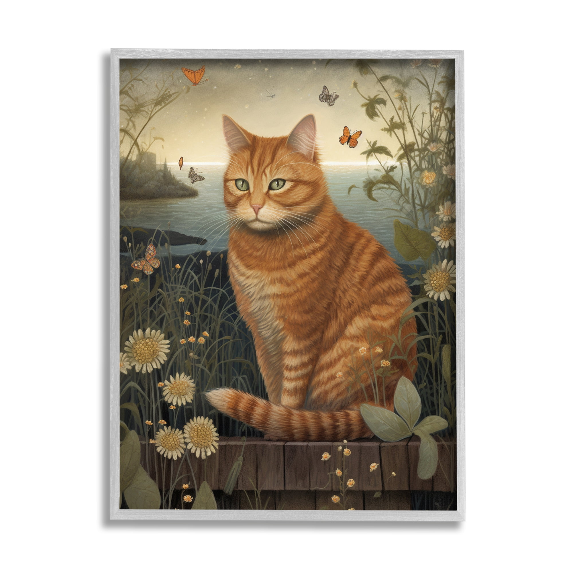 Stupell Industries Orange Cat by Pond Animals & Insects Painting Gray Framed Art Print Wall Art, 16 x 20