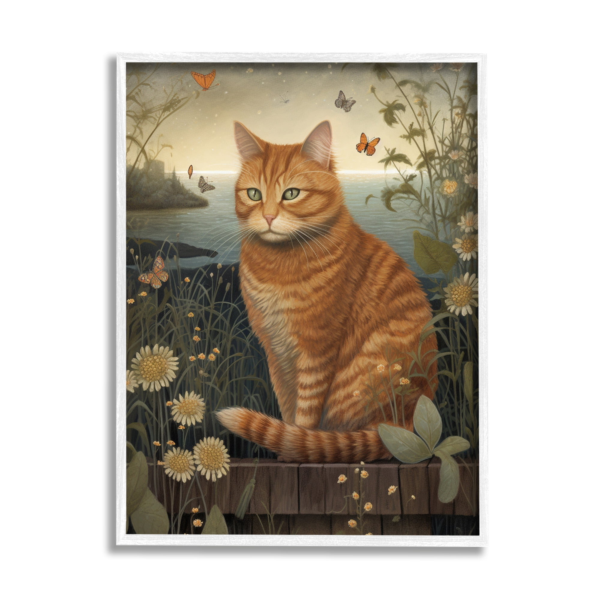 Stupell Industries Orange Cat by Pond Animals & Insects Painting White Framed Art Print Wall Art, 11 x 14