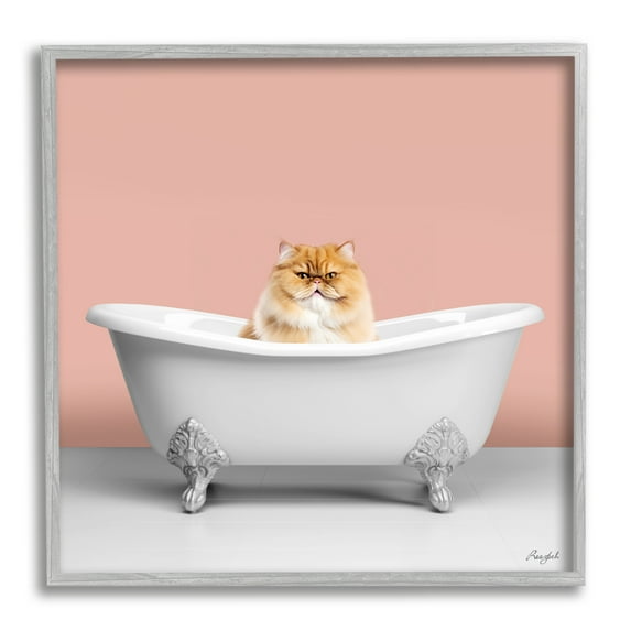 Stupell Industries Orange Cat in Bathtub Animals & Insects Painting Gray Framed Art Print Wall Art, 12 x 12