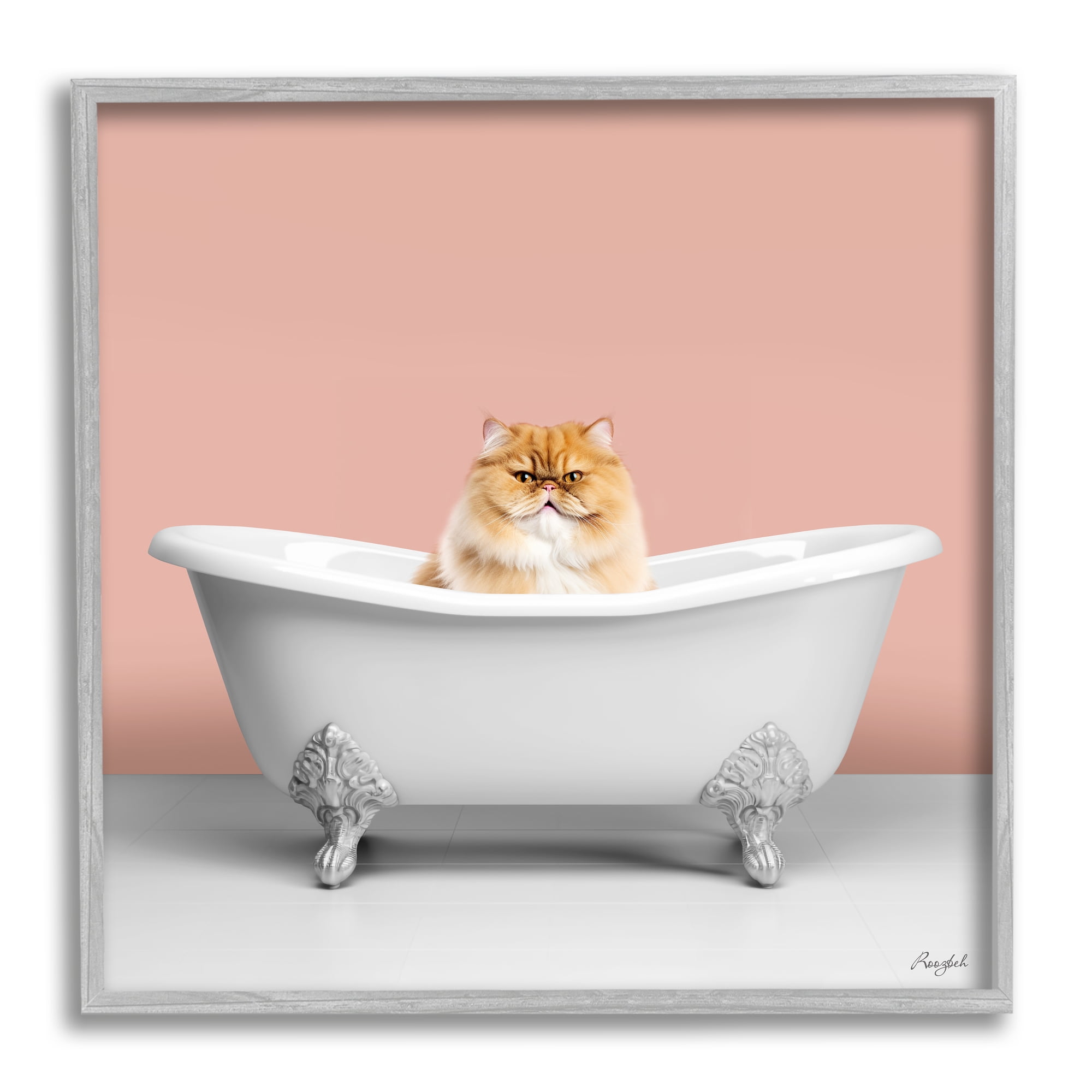 Stupell Industries Orange Cat in Bathtub Animals & Insects Painting Gray Framed Art Print Wall Art, 17 x 17