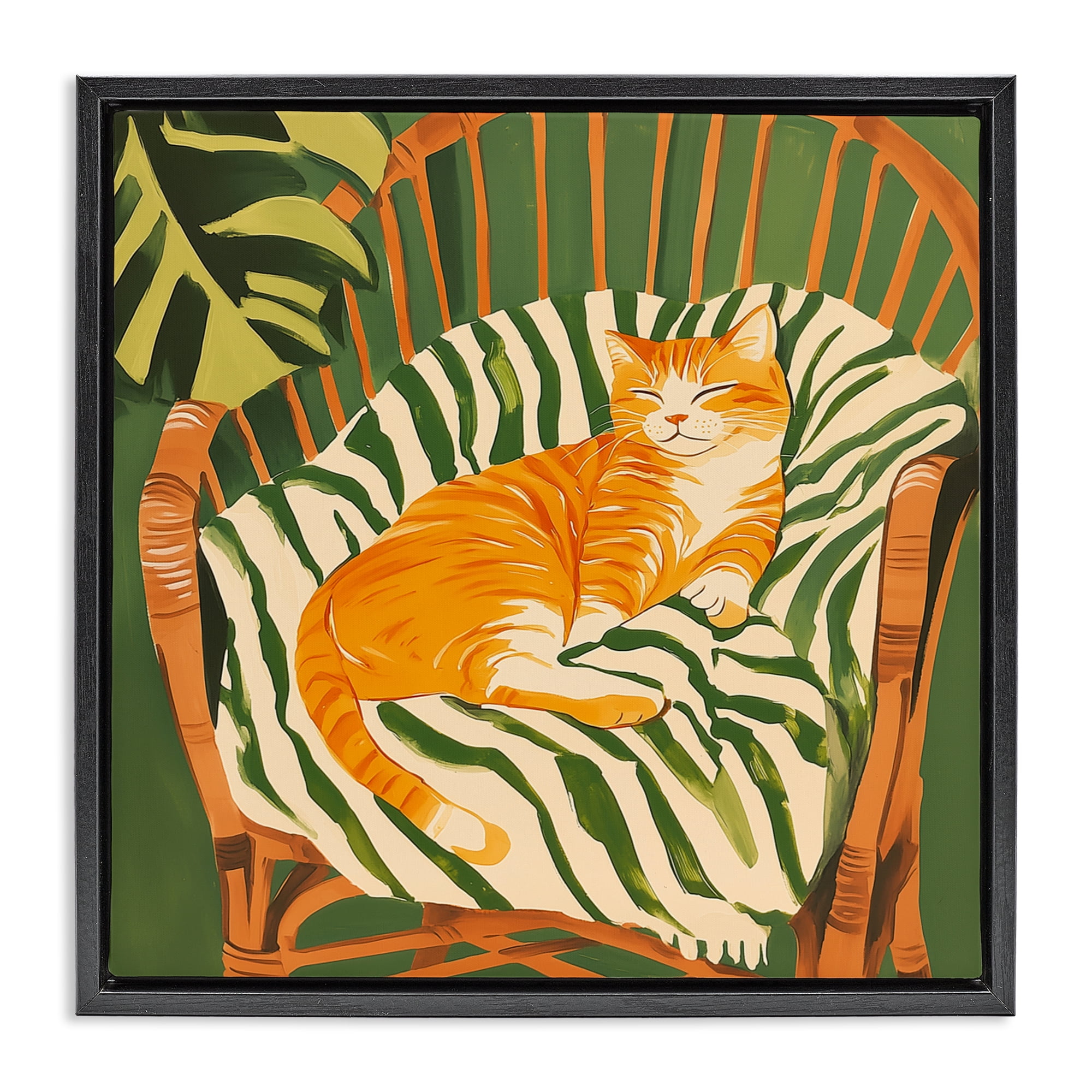 Stupell Industries Orange Cat in Rattan Chair Black Framed Floater Canvas Wall Art, design by Walker Noble