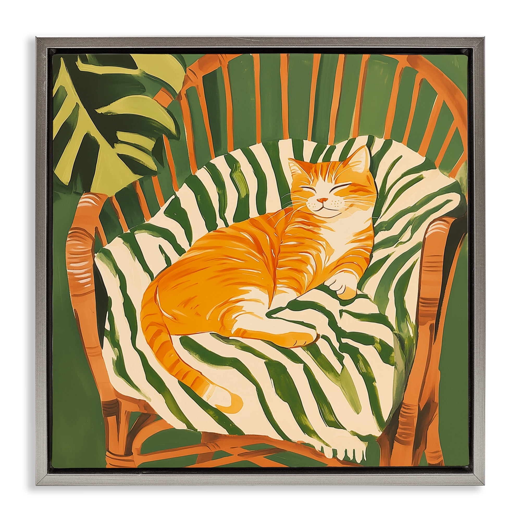 Stupell Industries Orange Cat in Rattan Chair Gray Framed Floater Canvas Wall Art, design by Walker Noble