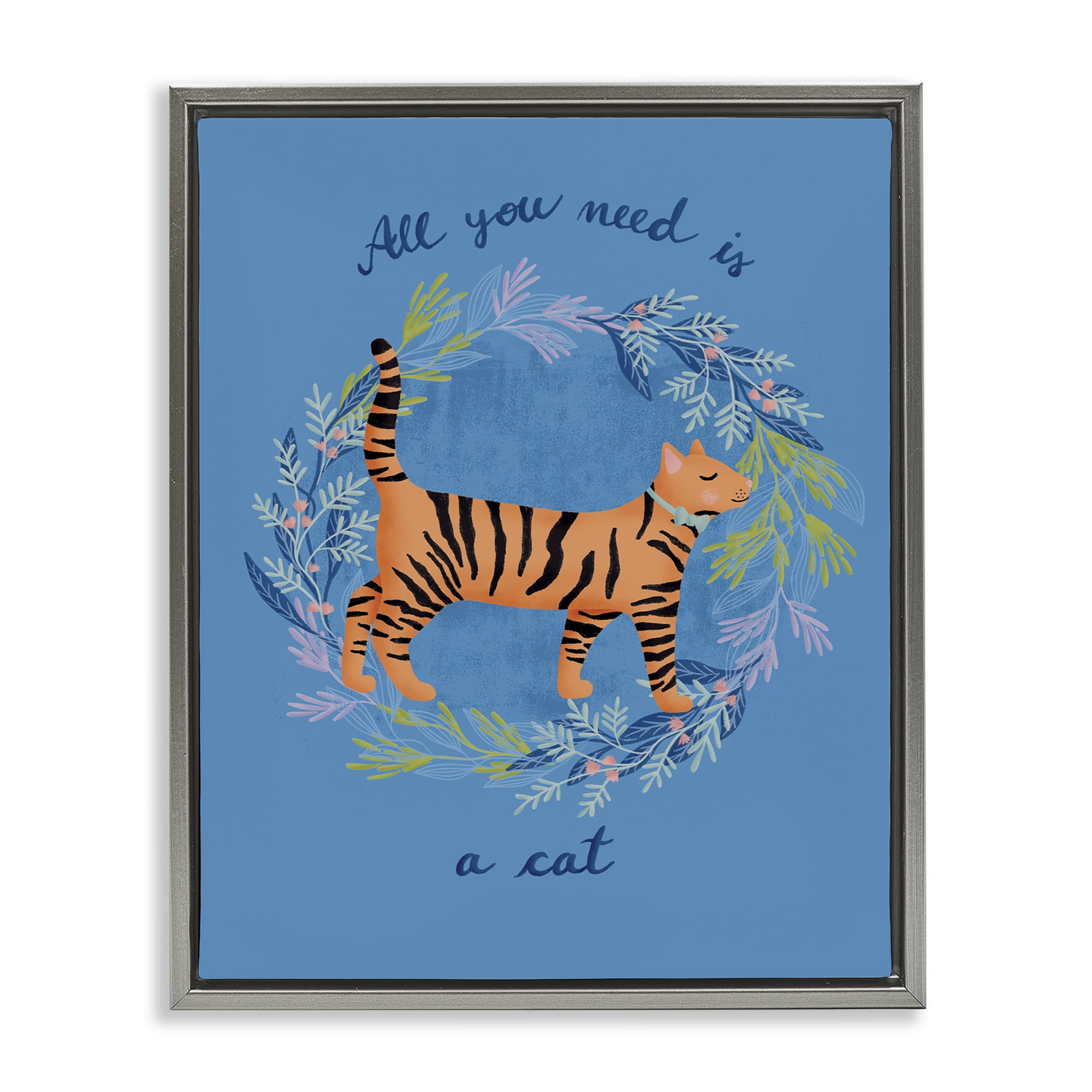 Stupell Industries Orange Cat on Wreath Animals Painting Gray Floater Framed Canvas Art Print Wall Art, 17 x 21