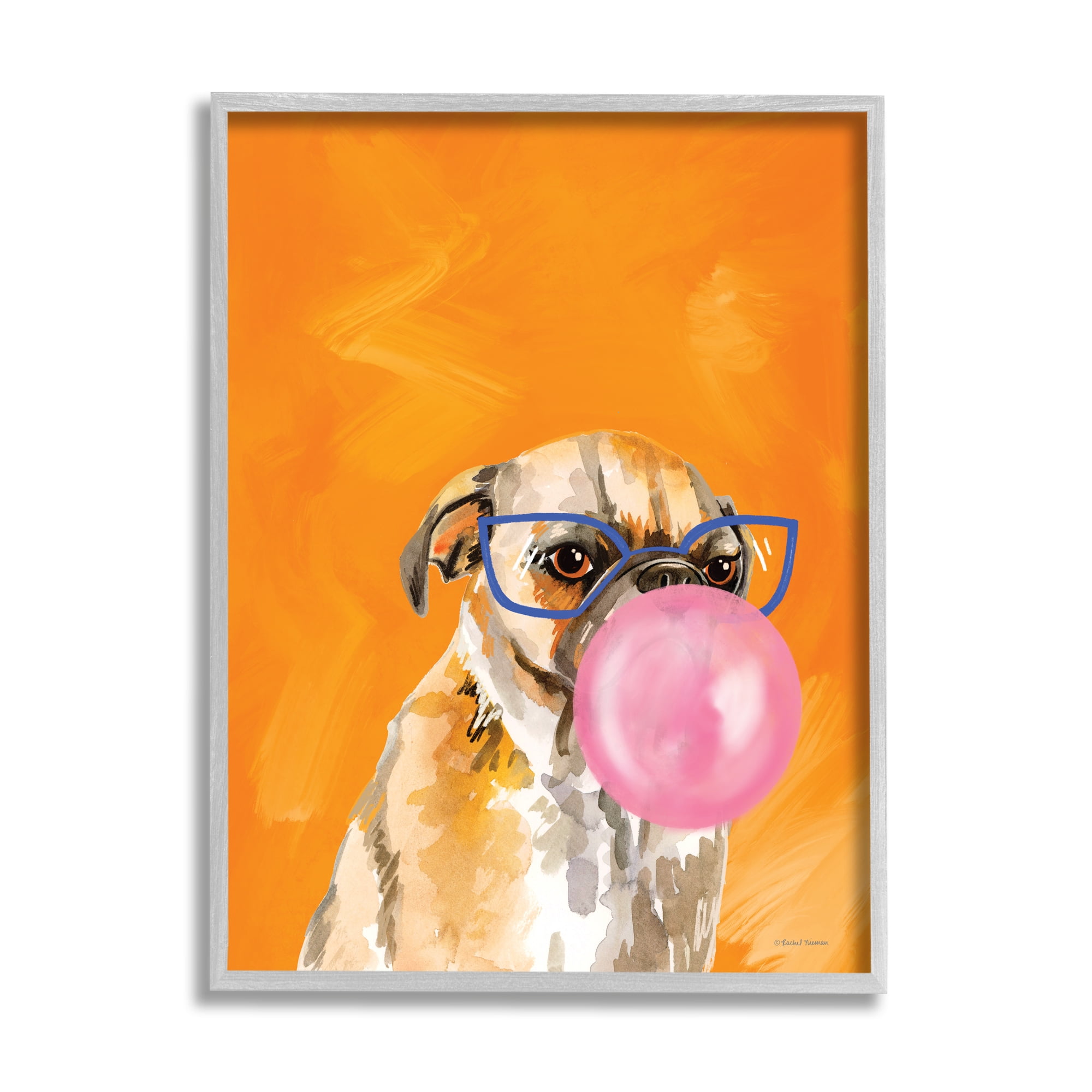 Stupell Industries Orange Dog with Bubblegum Animals & Insects Painting Gray Framed Art Print Wall Art, 11 x 14