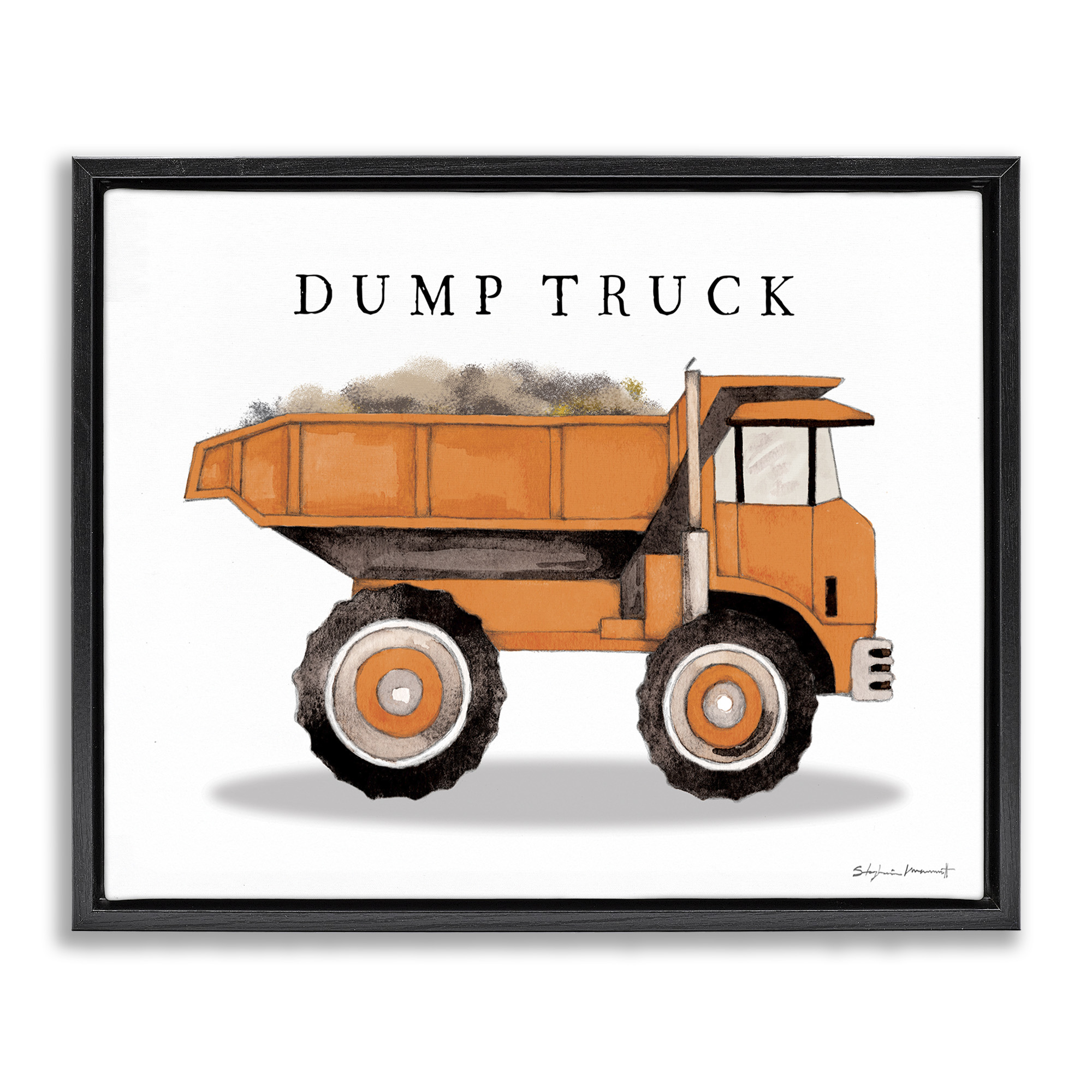 Stupell Industries Orange Dump Truck Construction Art for Kids Painting Black Floater Framed Canvas Art Print Wall Art, 31 x 25