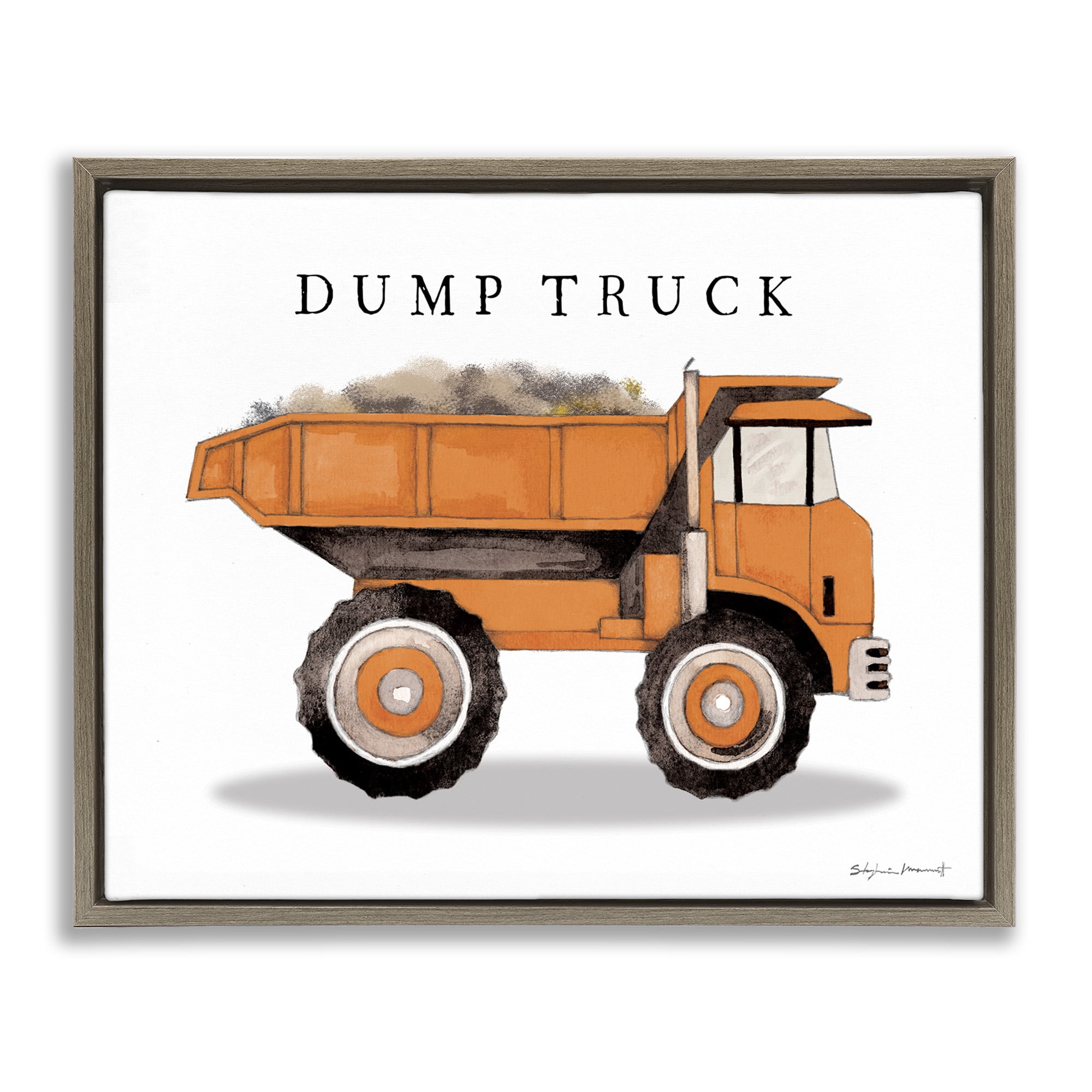 Stupell Industries Orange Dump Truck Construction Art for Kids Painting Brown Floater Framed Canvas Art Print Wall Art, 31 x 25