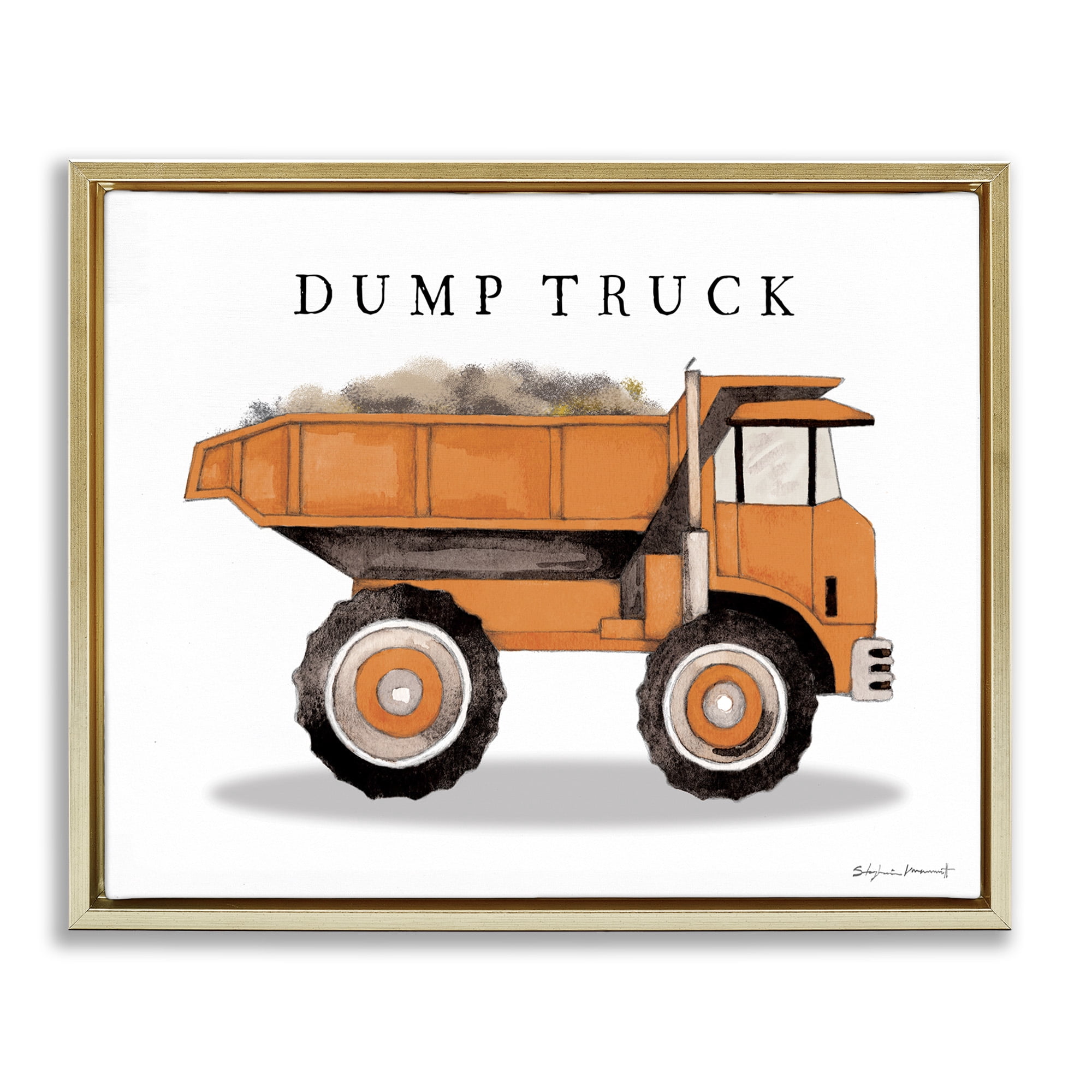 Stupell Industries Orange Dump Truck Construction Art for Kids Painting Gold Floater Framed Canvas Art Print Wall Art, 21 x 17