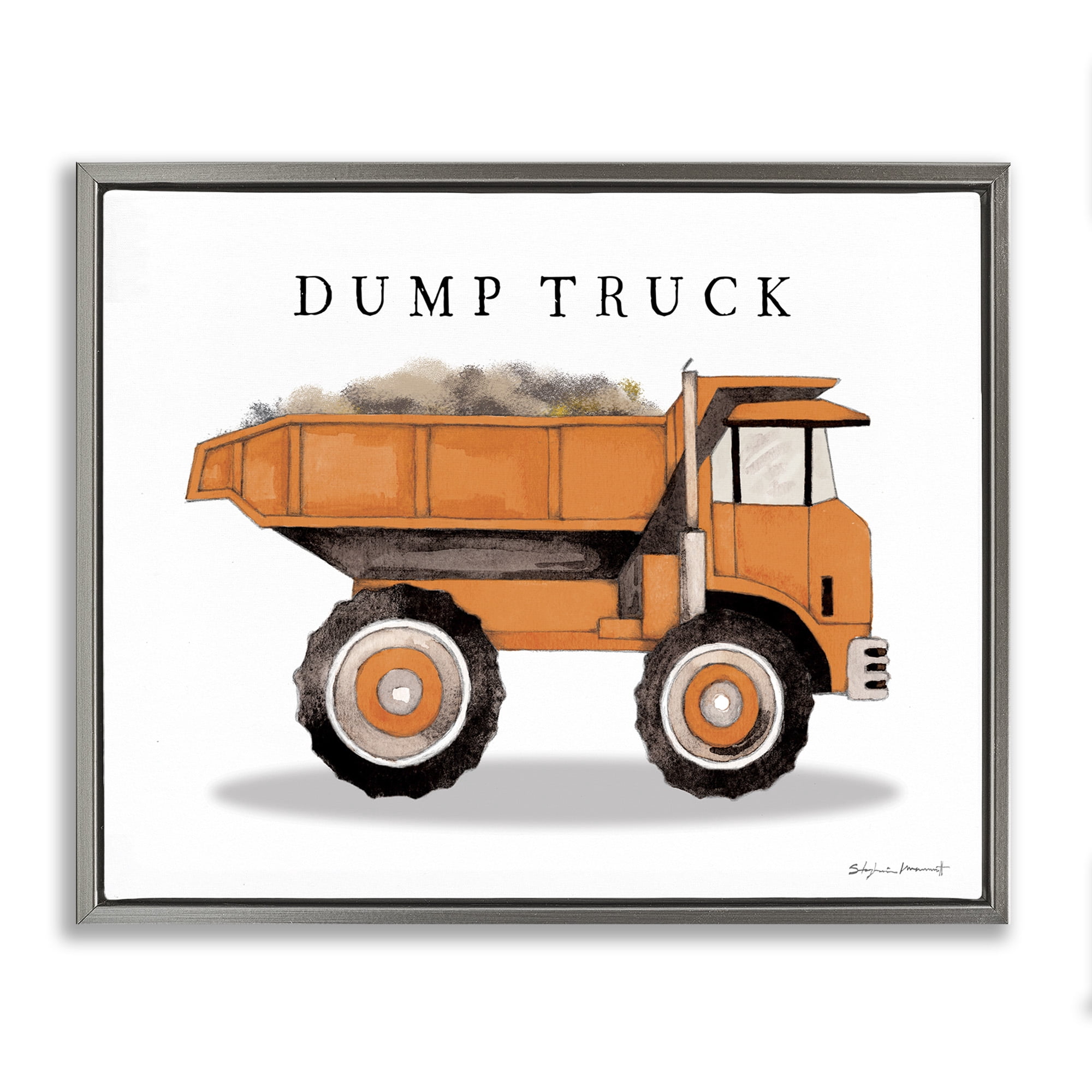 Stupell Industries Orange Dump Truck Construction Art for Kids Painting Gray Floater Framed Canvas Art Print Wall Art, 31 x 25