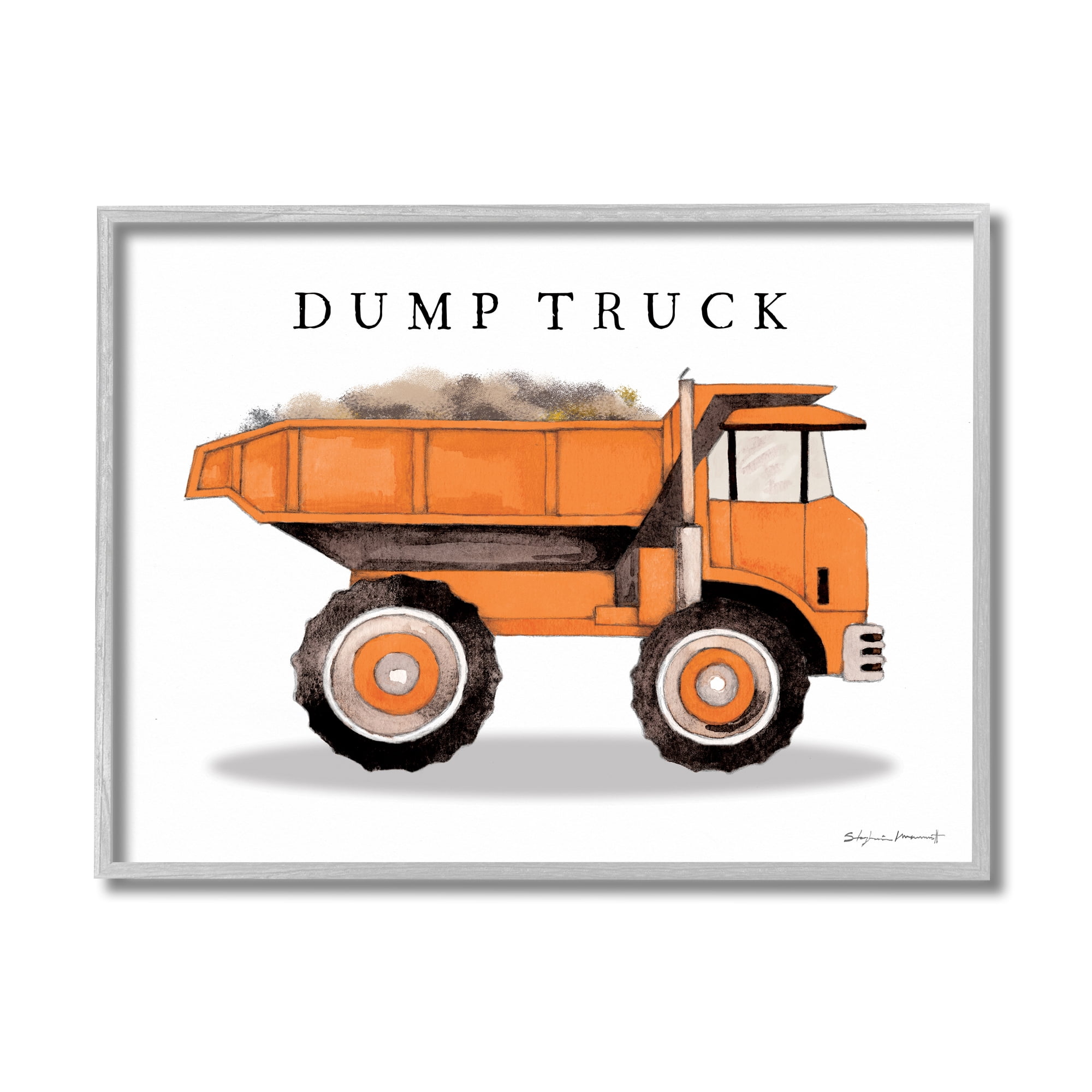 Stupell Industries Orange Dump Truck Traditional Construction Vehicle Transportation Painting Gray Framed Art Print Wall Art, 16 x 20