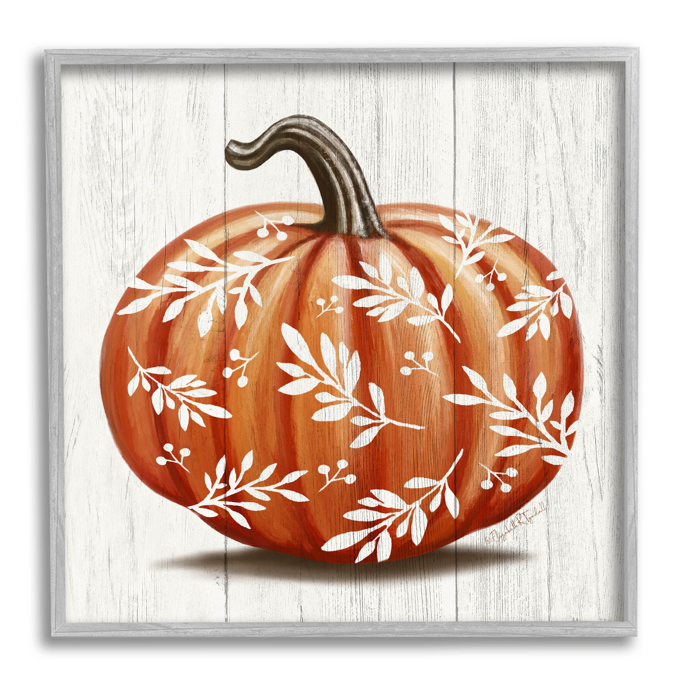 Stupell Industries Orange Fall Botanical Pumpkin Graphic Art Gray Framed Art Print Wall Art, Design by Elizabeth Tyndall