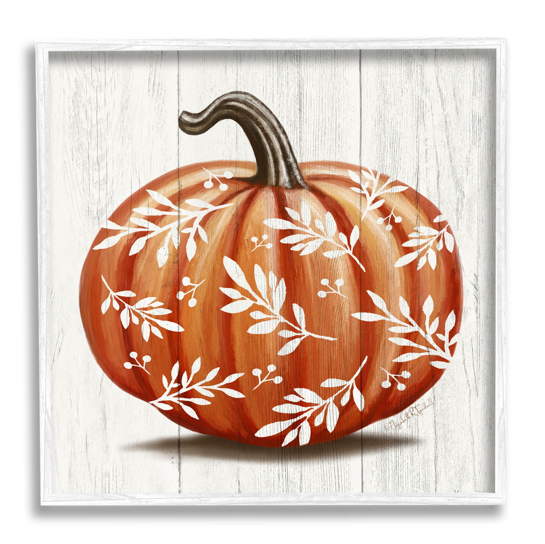 Stupell Industries Orange Fall Botanical Pumpkin Graphic Art White Framed Art Print Wall Art, Design by Elizabeth Tyndall