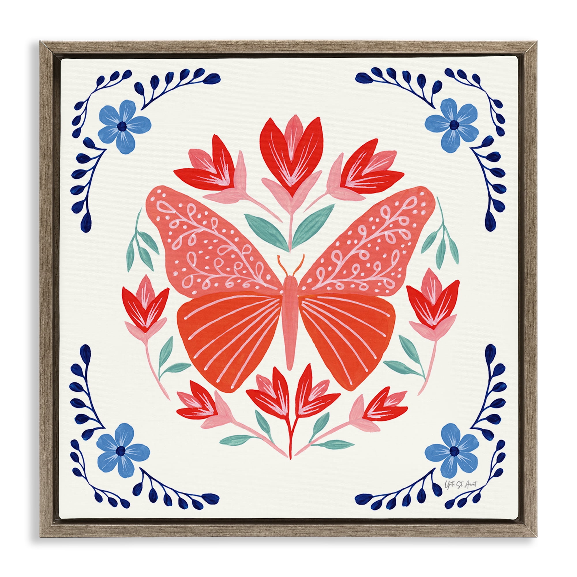 Stupell Industries Orange Folk Butterfly Insects Painting Brown Floater Framed Canvas Art Print Wall Art, 25 x 25
