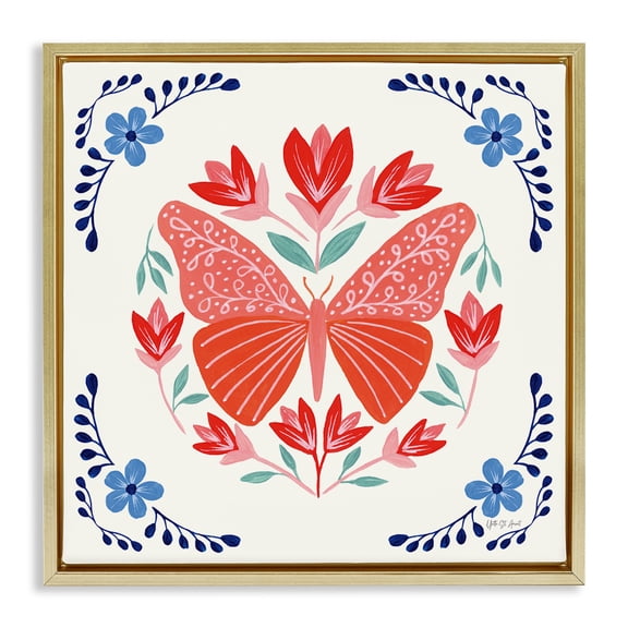 Stupell Industries Orange Folk Butterfly Insects Painting Gold Floater Framed Canvas Art Print Wall Art, 25 x 25