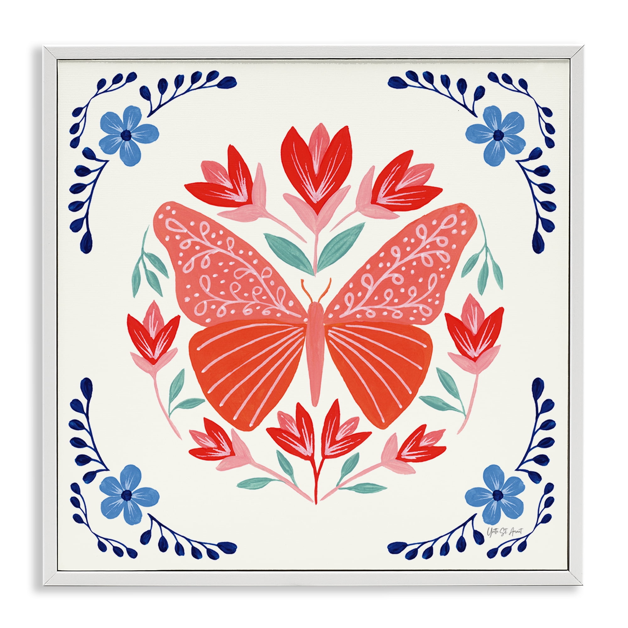 Stupell Industries Orange Folk Butterfly Insects Painting White Framed Art Print Wall Art, 17 x 17