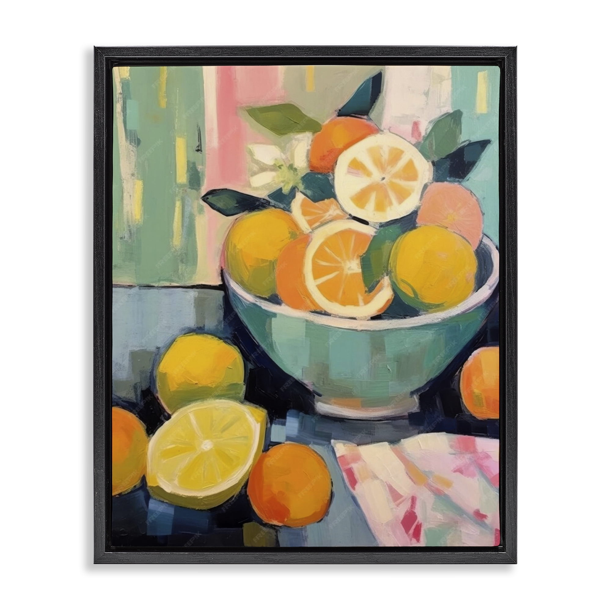 Stupell Industries Orange & Lemon Bowl Food & Beverage Painting Black Floater Framed Canvas Art Print Wall Art, 25 x 31