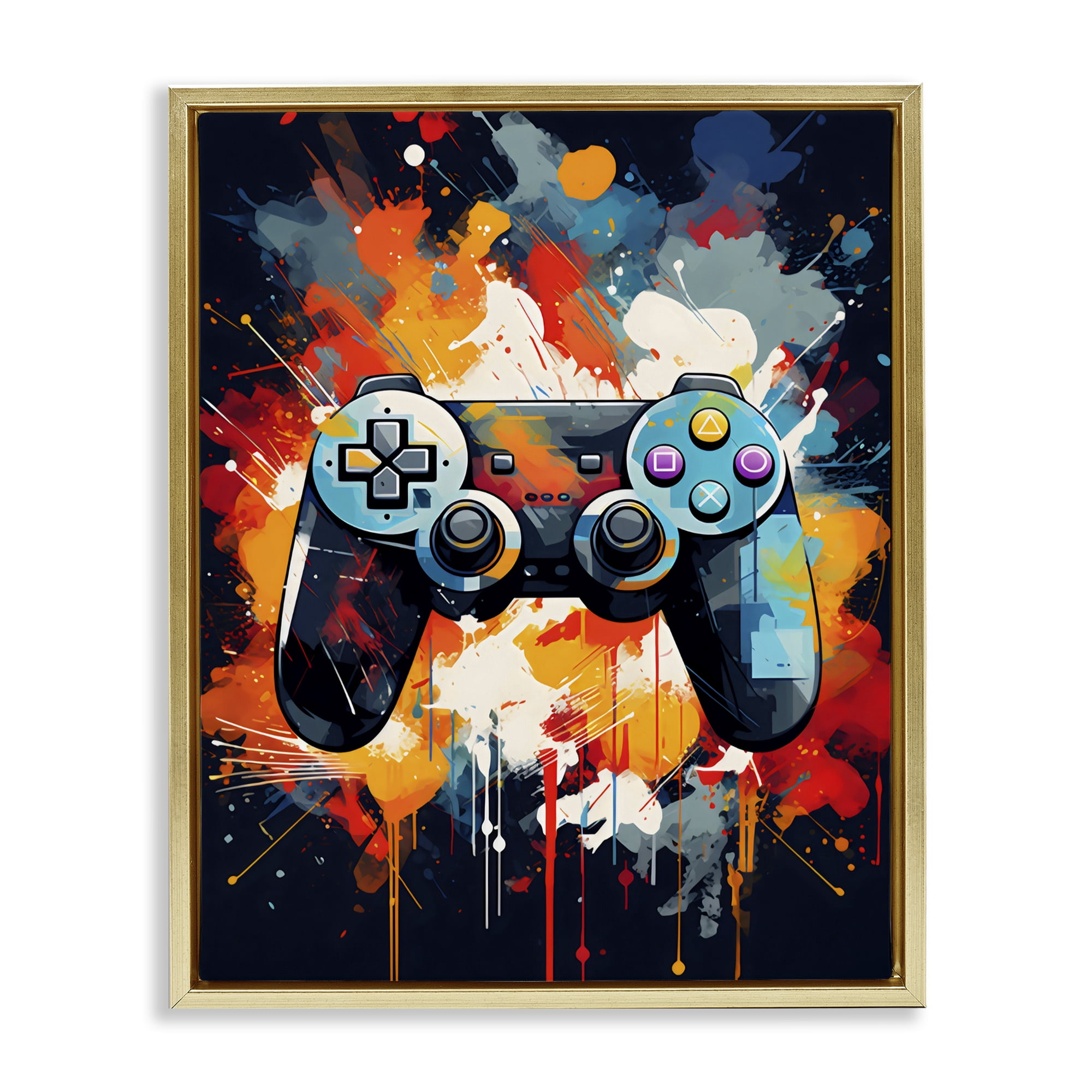 Stupell Industries Orange Paint Splash Gamer Gold Framed Floater Canvas Wall Art, design by Creative Studio