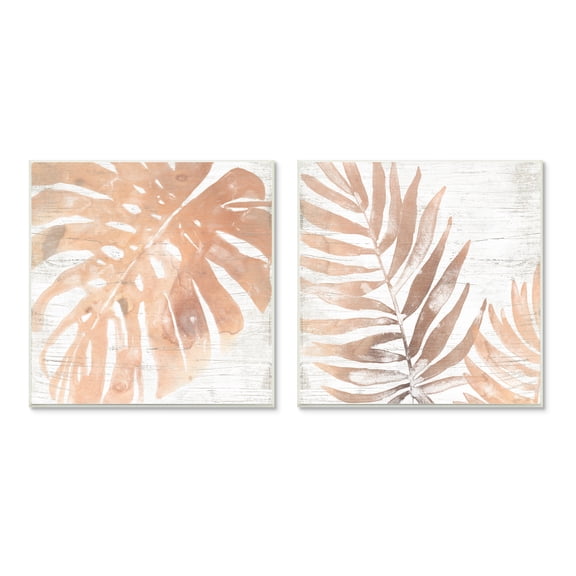 Stupell Industries Orange Palm Leaves over Rustic Distressed Pattern Wall Plaque by June Erica Vess