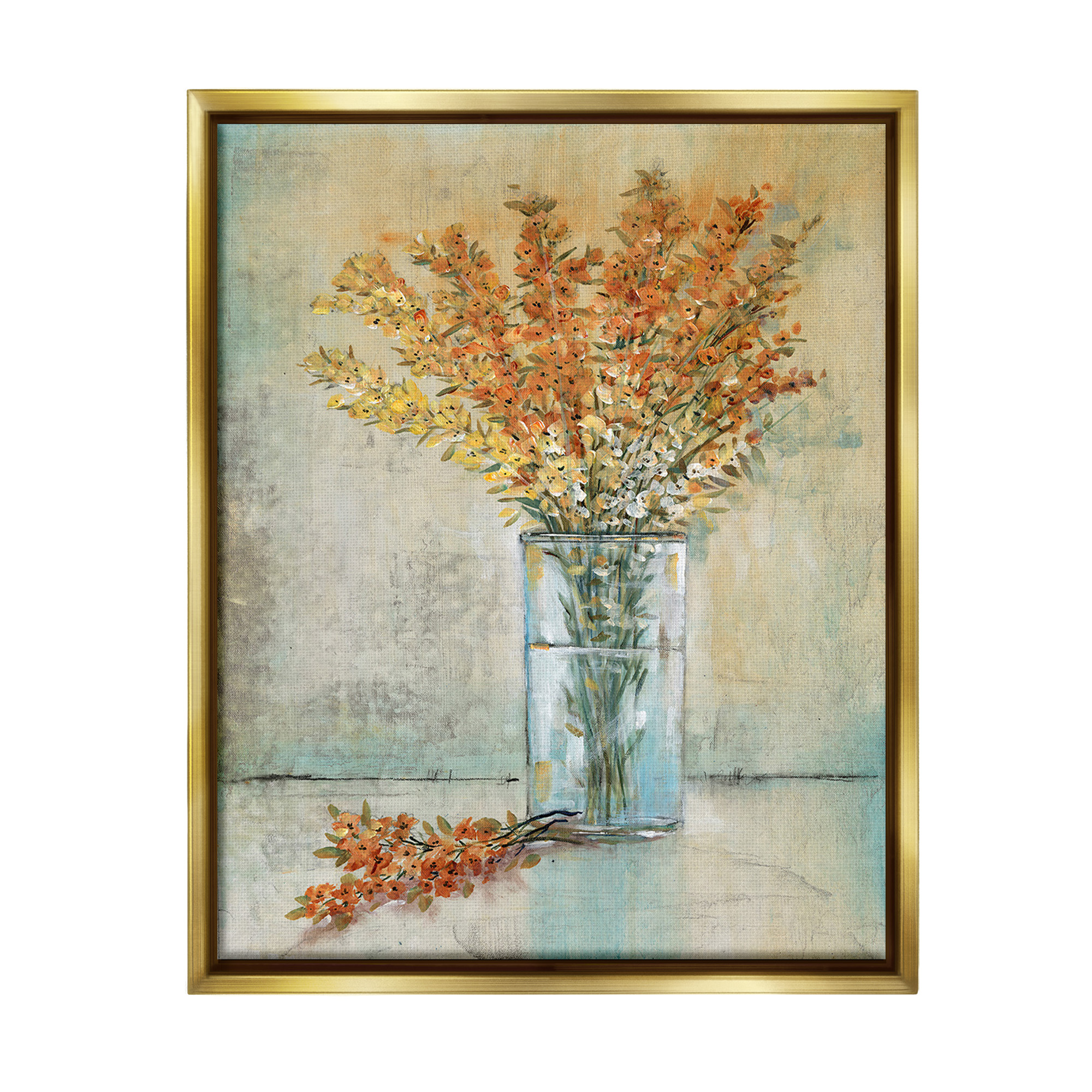 Stupell Industries Orange Sprigs in Vase Botanical & Floral Painting Gold Floater Framed Canvas Art Print Wall Art, 25 x 31