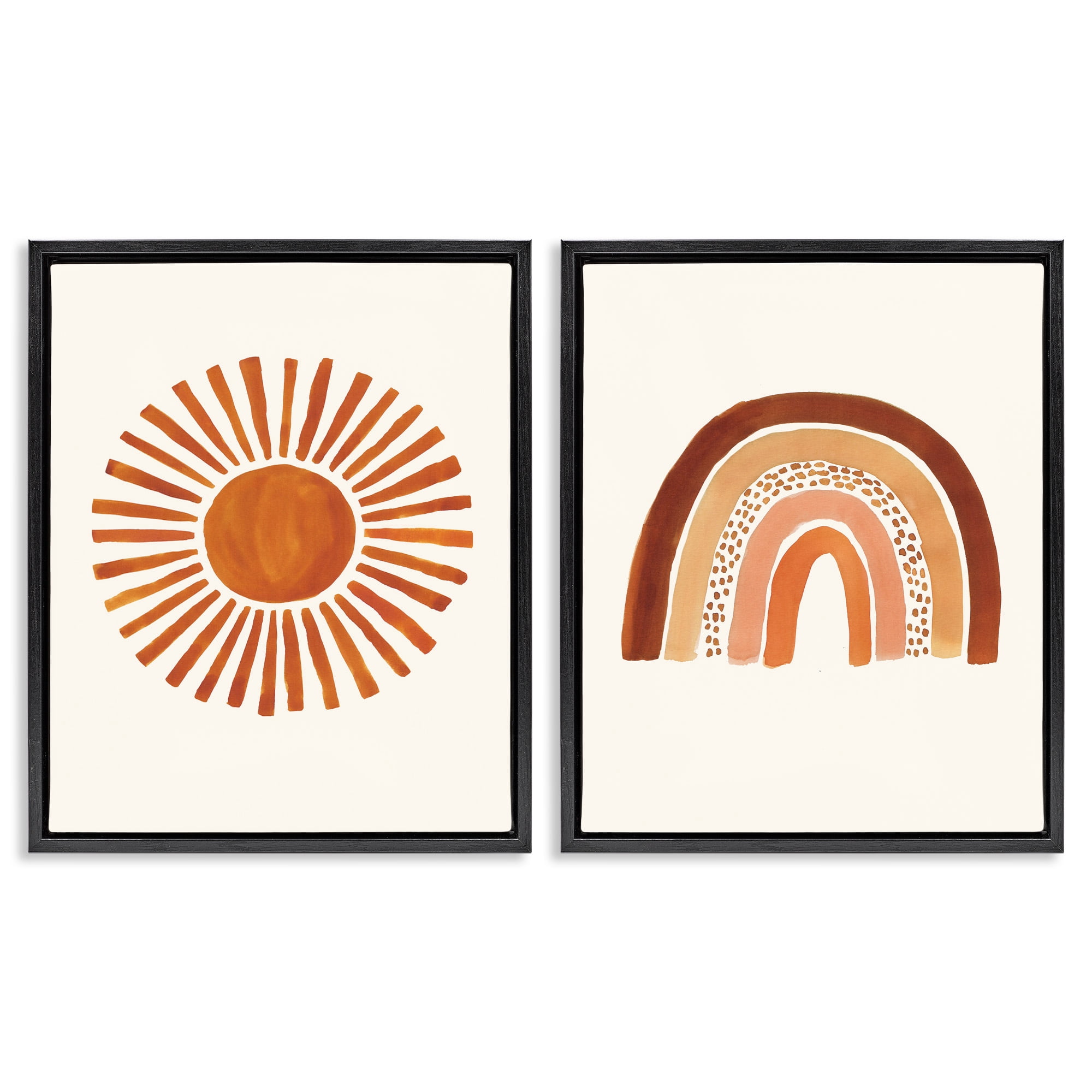 Stupell Industries Orange Sun Patterned Rainbow Boho Landscape Painting Black Floater Framed Canvas Art Print Wall Art, 25 x 31, Set of 2
