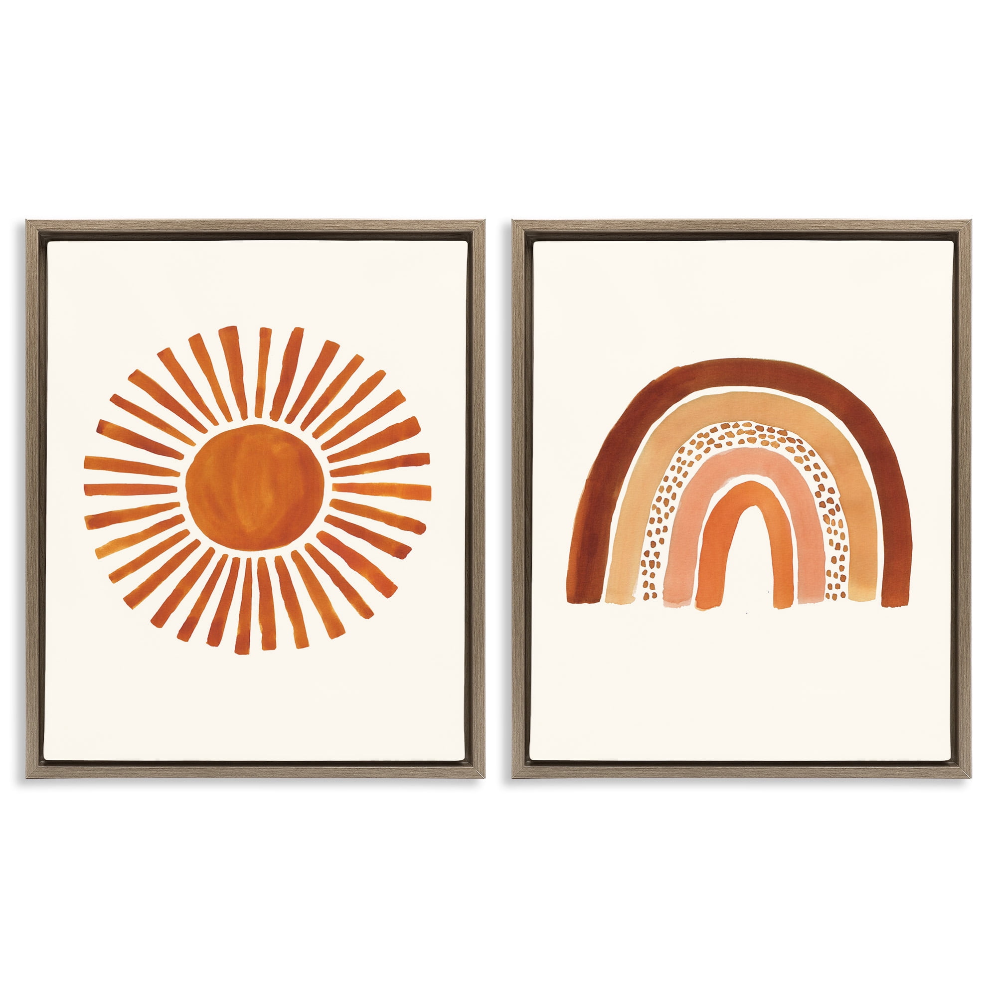 Stupell Industries Orange Sun Patterned Rainbow Boho Landscape Painting Brown Floater Framed Canvas Art Print Wall Art, 25 x 31, Set of 2