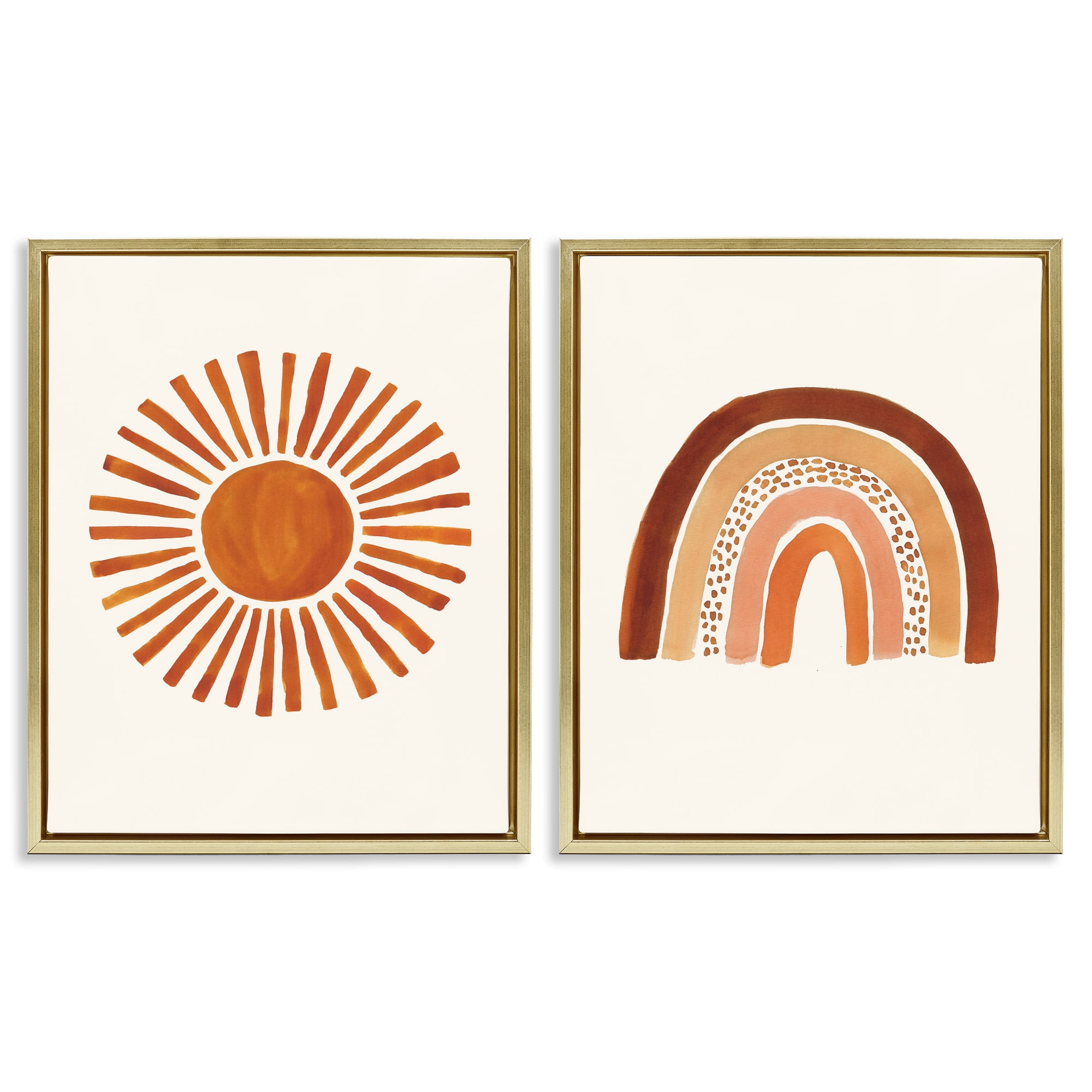Stupell Industries Orange Sun Patterned Rainbow Boho Landscape Painting Gold Floater Framed Canvas Art Print Wall Art, 25 x 31, Set of 2