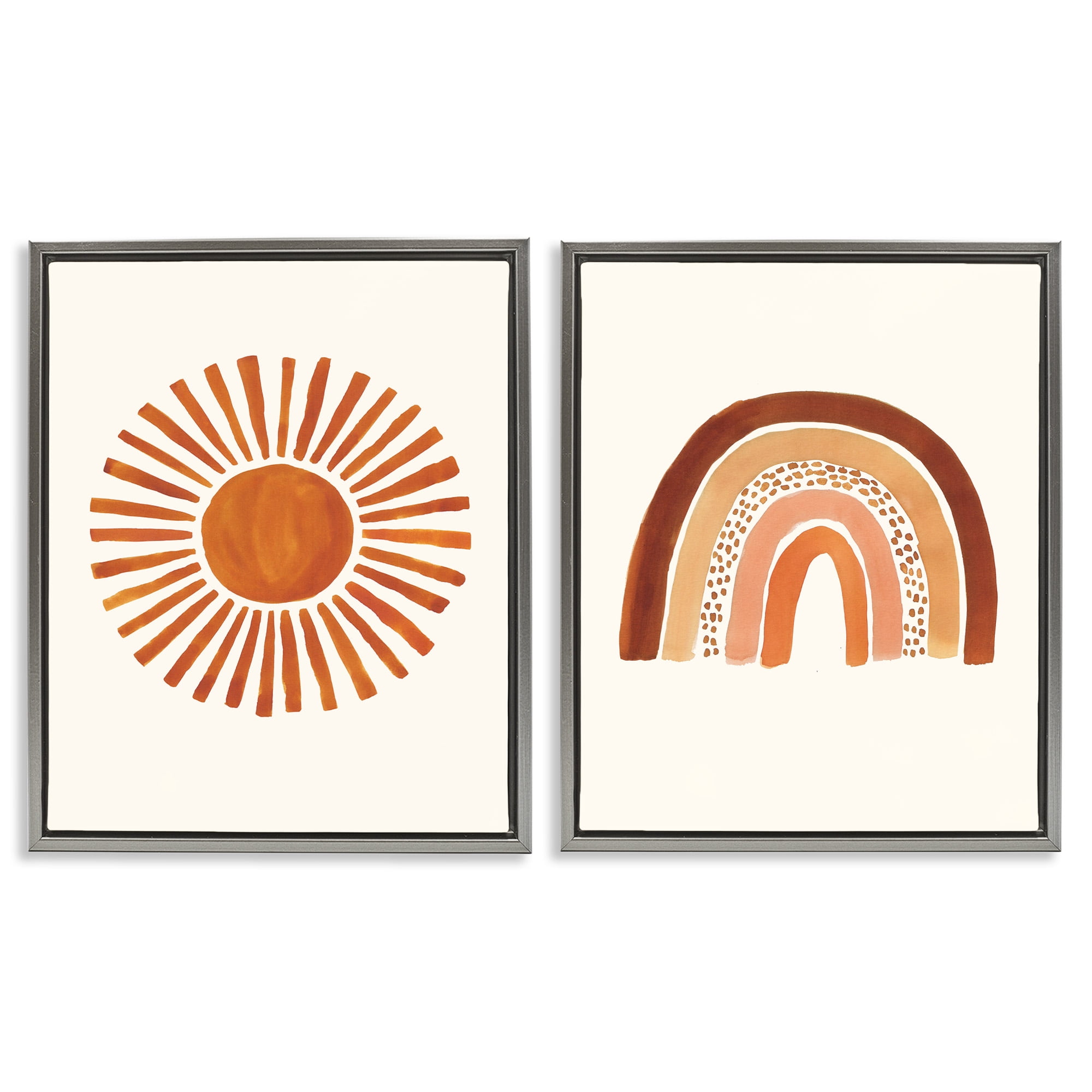 Stupell Industries Orange Sun Patterned Rainbow Boho Landscape Painting Gray Floater Framed Canvas Art Print Wall Art, 17 x 21, Set of 2