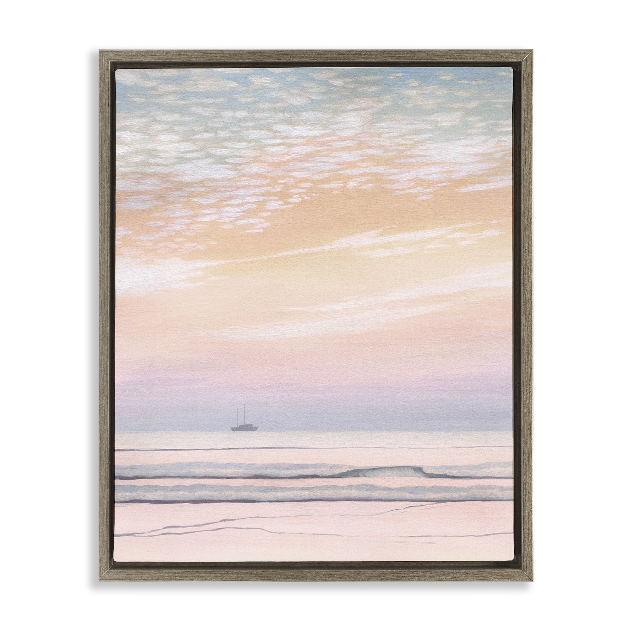 Stupell Industries Orange Sunrise & Boat Nautical & Beach Painting Brown Floater Framed Canvas Art Print Wall Art, 17 x 21