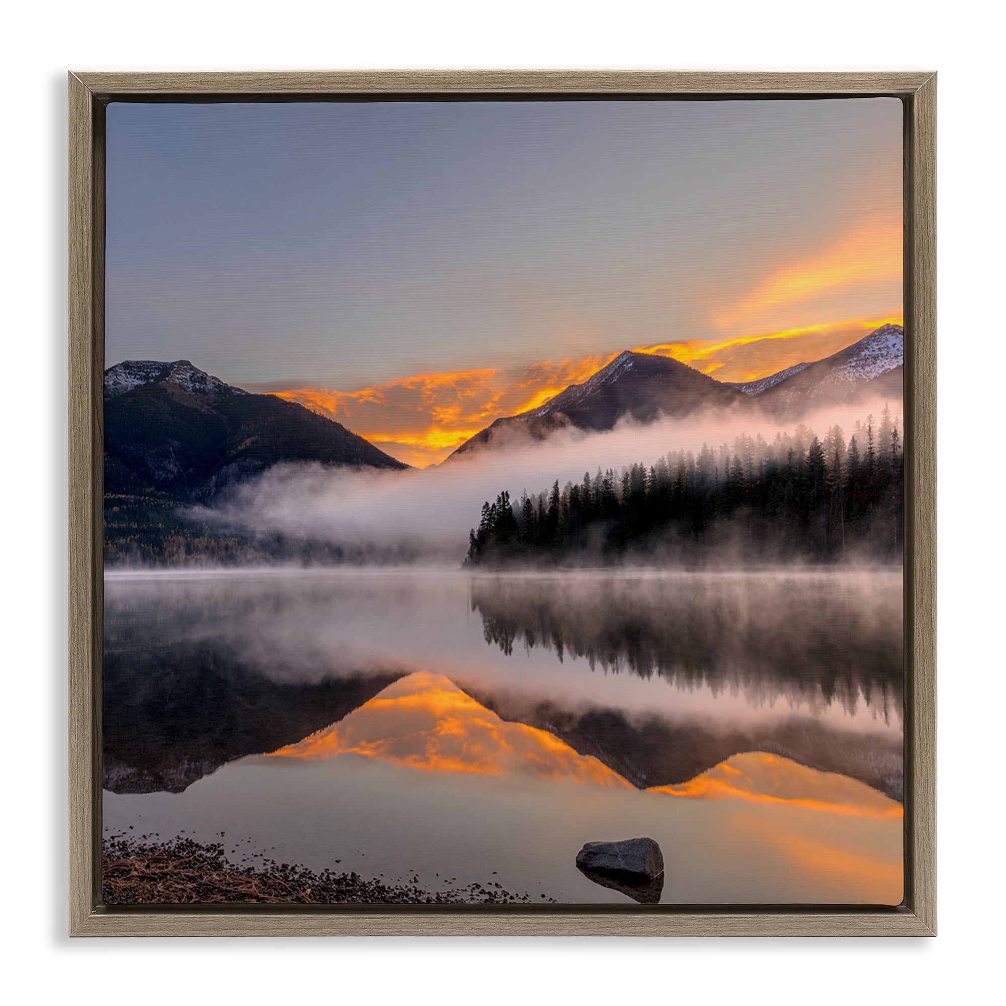 Stupell Industries Orange Sunset Lake Reflection Landscape & Nature Photography Brown Floater Framed Canvas Art Print Wall Art, 18 x 18