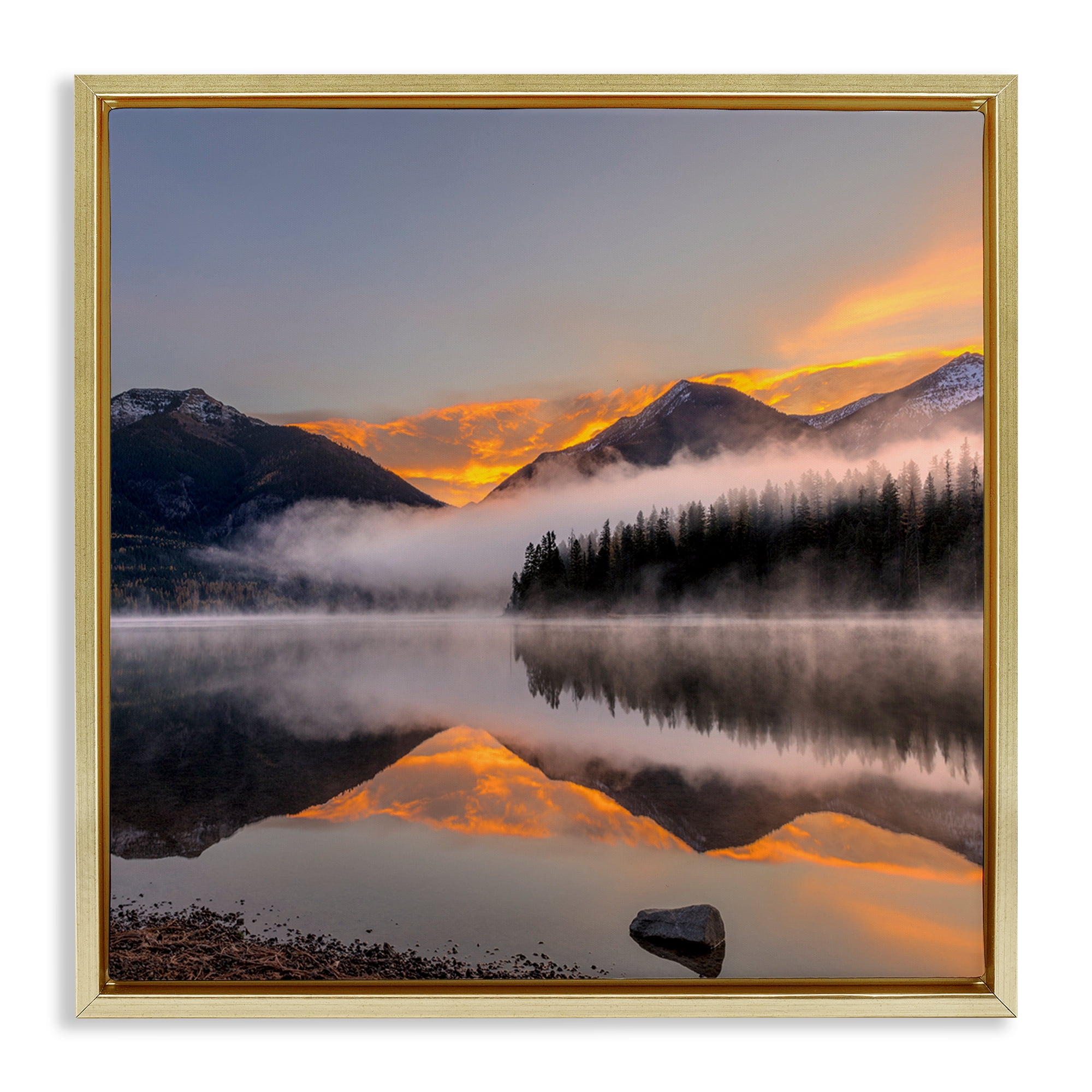 Stupell Industries Orange Sunset Lake Reflection Landscape & Nature Photography Gold Floater Framed Canvas Art Print Wall Art, 18 x 18