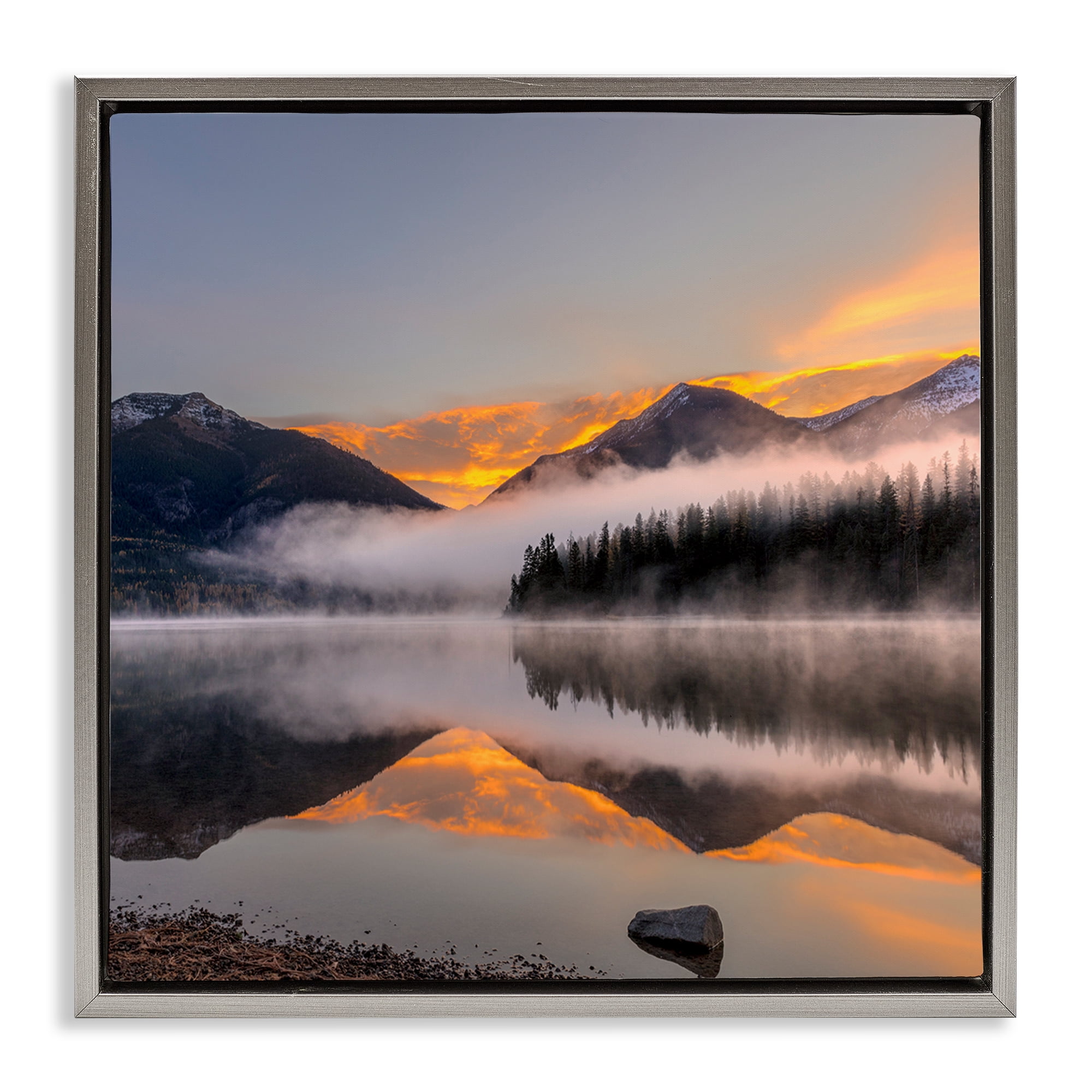Stupell Industries Orange Sunset Lake Reflection Landscape & Nature Photography Gray Floater Framed Canvas Art Print Wall Art, 25 x 25