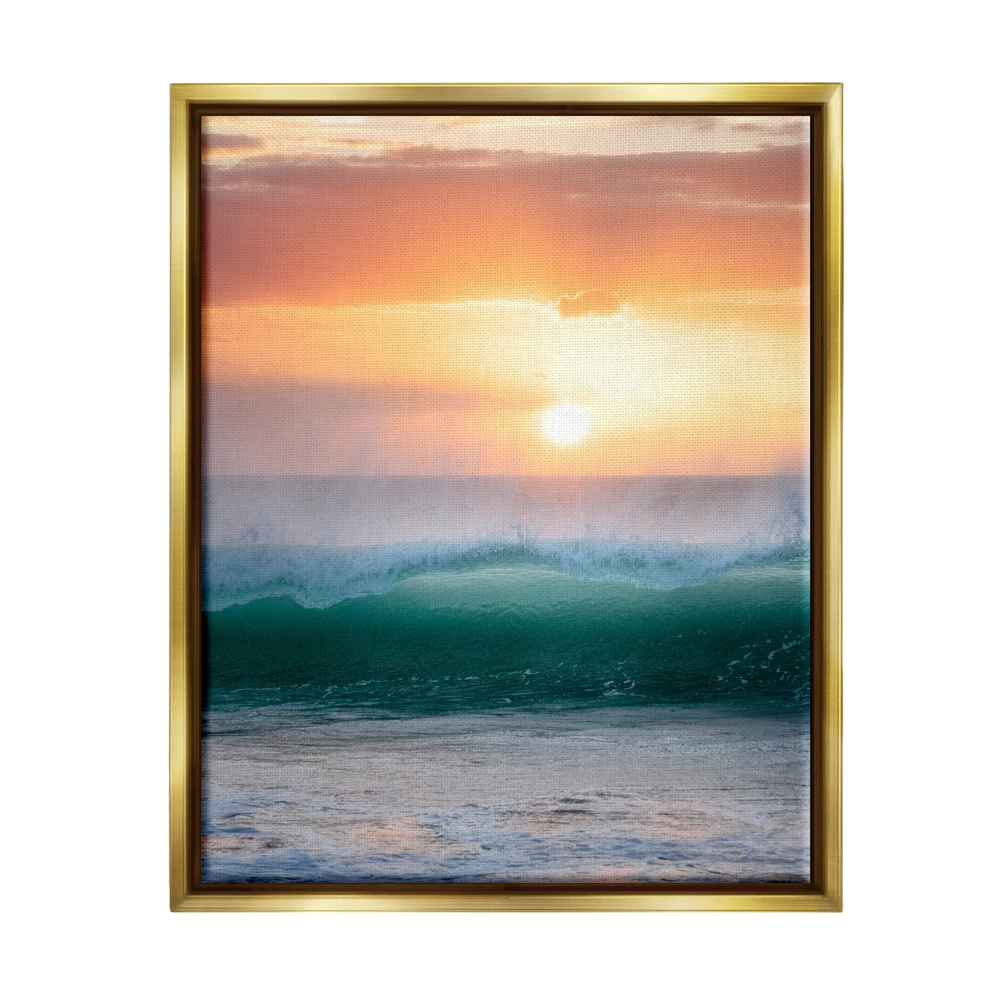 Stupell Industries Orange Sunset Rolling Ocean Waves Coastal Photography Gold Floater Framed Art Print Wall Art