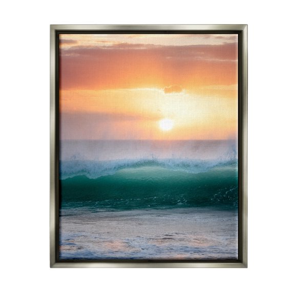Stupell Industries Orange Sunset Rolling Ocean Waves Coastal Photography Gray Floater Framed Art Print Wall Art