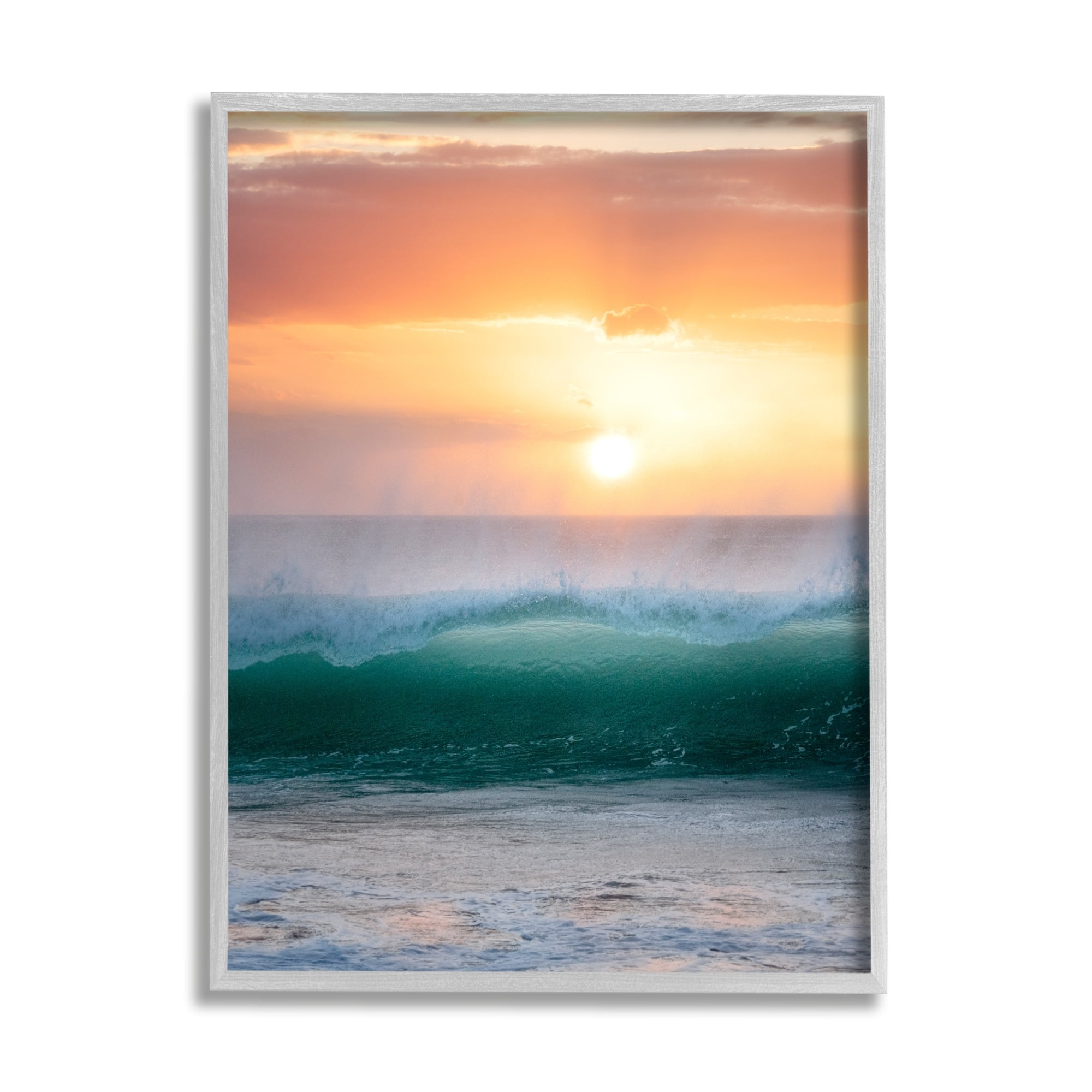 Stupell Industries Orange Sunset Rolling Ocean Waves Coastal Photography Gray Framed Art Print Wall Art
