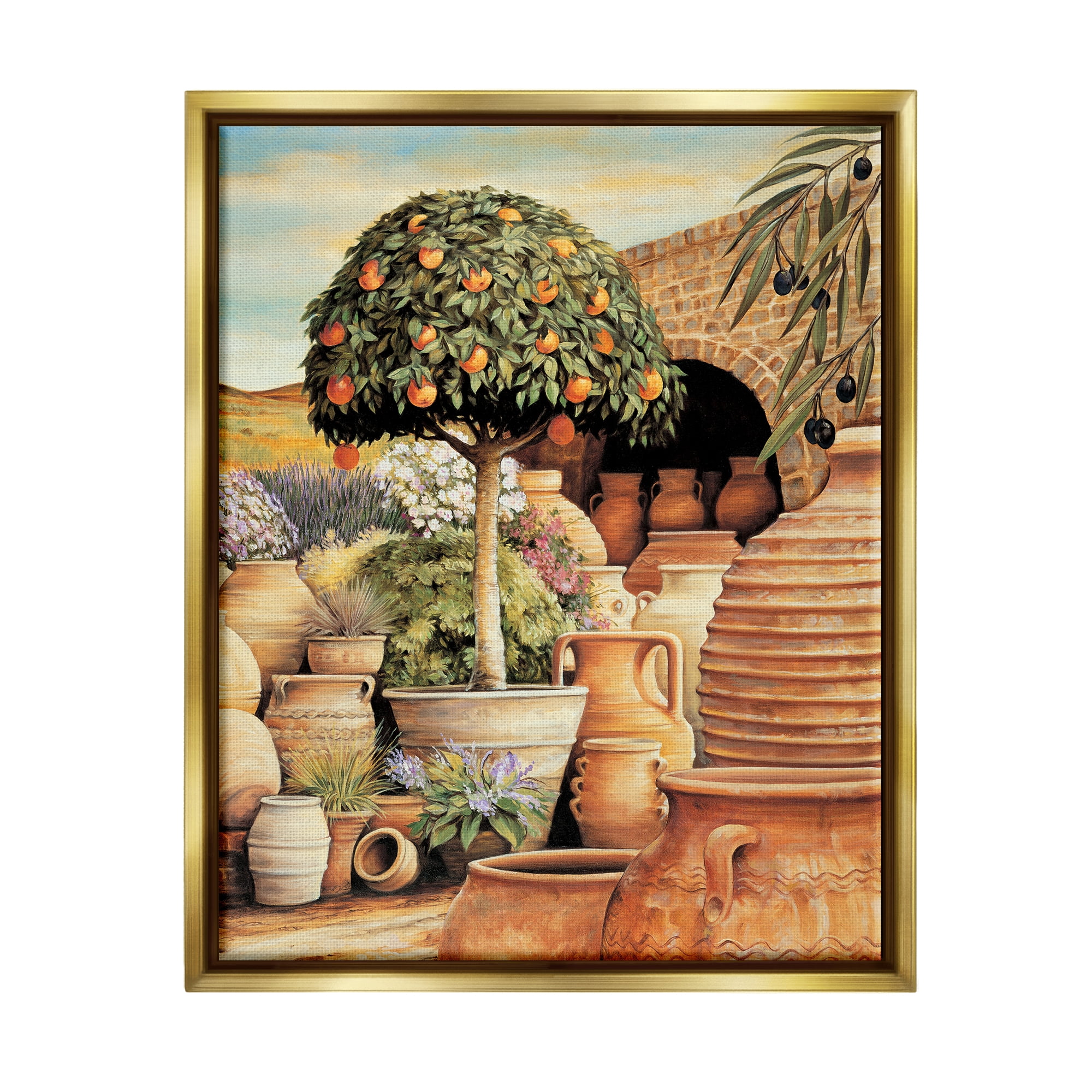 Stupell Industries Orange Tree & Pottery Scene Nature Painting Gold Floater Framed Art Print Wall Art, 17 x 21
