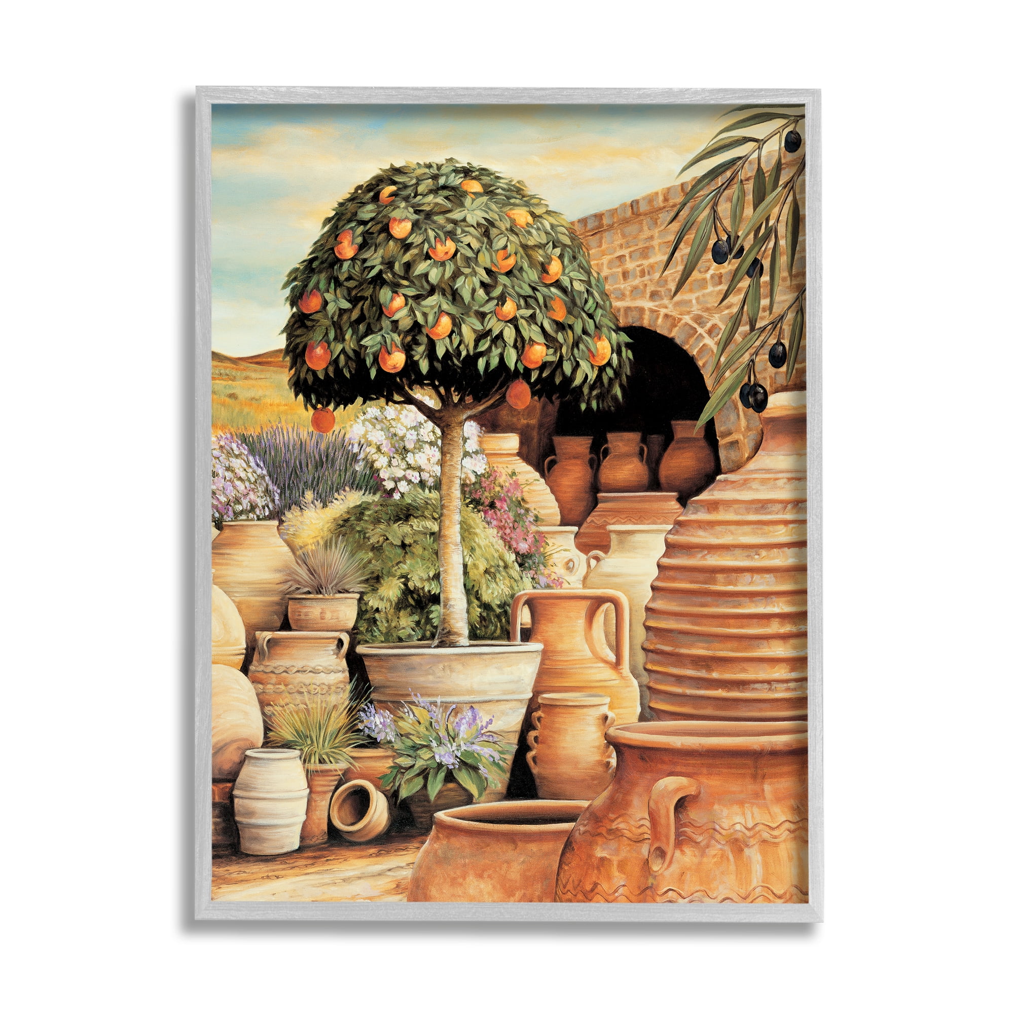 Stupell Industries Orange Tree & Pottery Scene Nature Painting Gray Framed Art Print Wall Art, 24 x 30