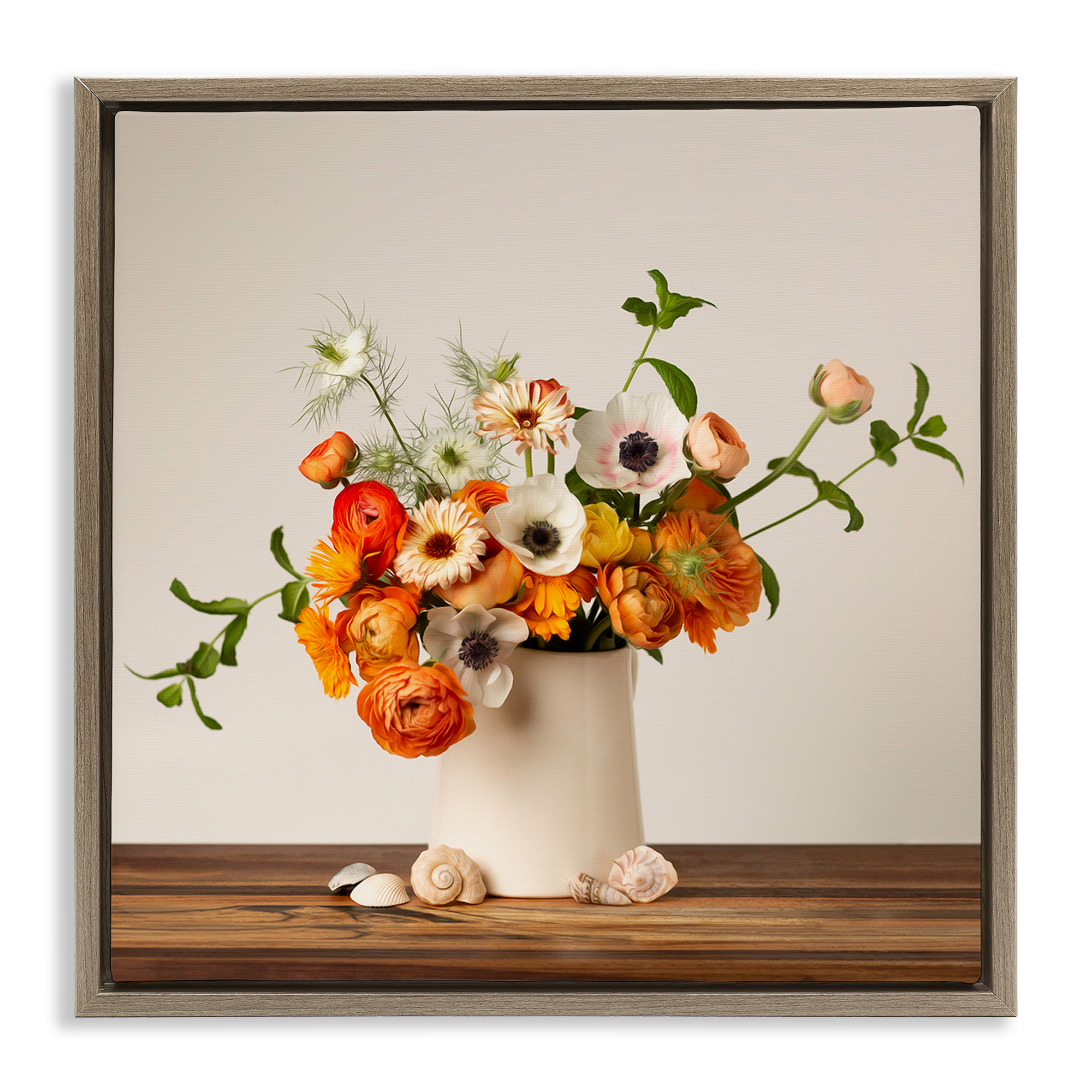 Stupell Industries Orange & White Still Life Plants & Flowers Painting Brown Floater Framed Canvas Art Print Wall Art, 25 x 25