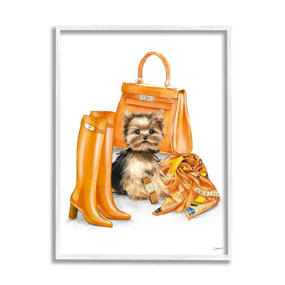 Stupell Industries Orange Yorkie Puppy Dog Fashion Purse Accessories Framed Wall Art, 11 x 14, Design by Ziwei Li