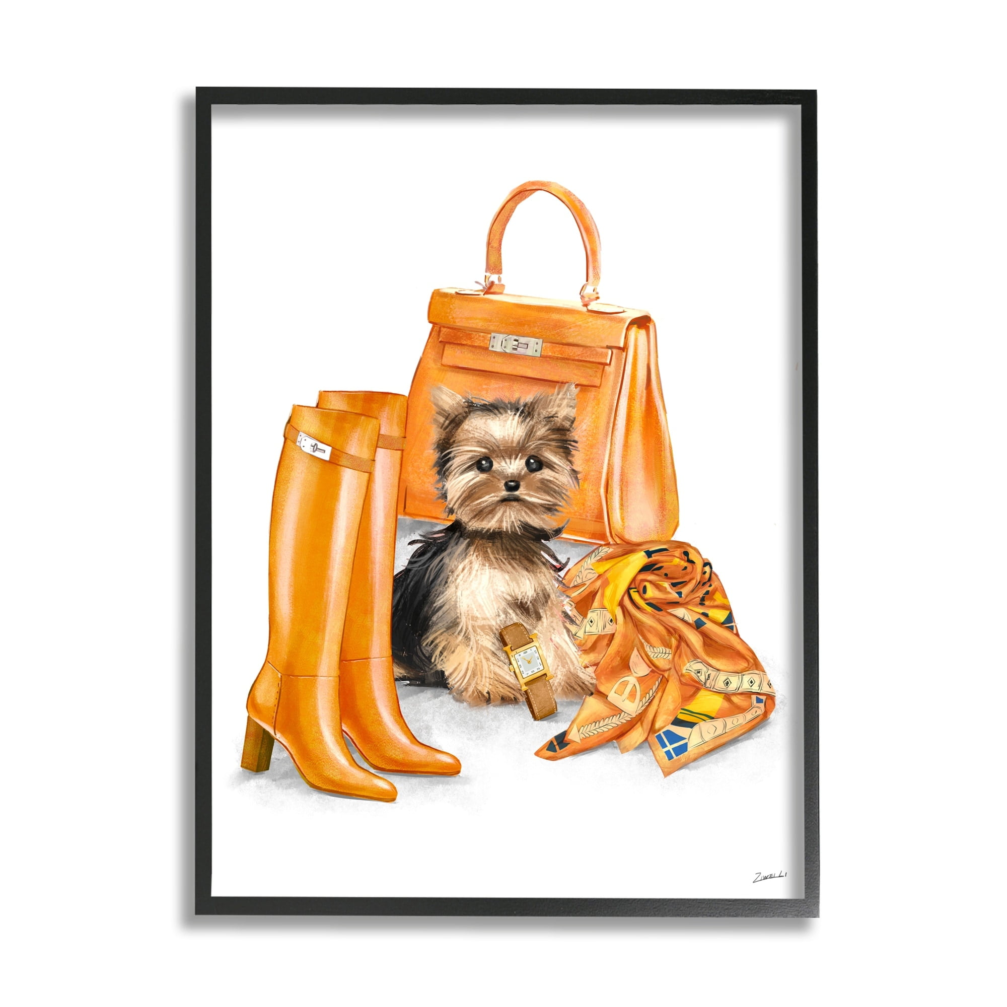 Stupell Industries Orange Yorkie Puppy Dog Fashion Purse Accessories Framed Wall Art, 24 x 30, Design by Ziwei Li