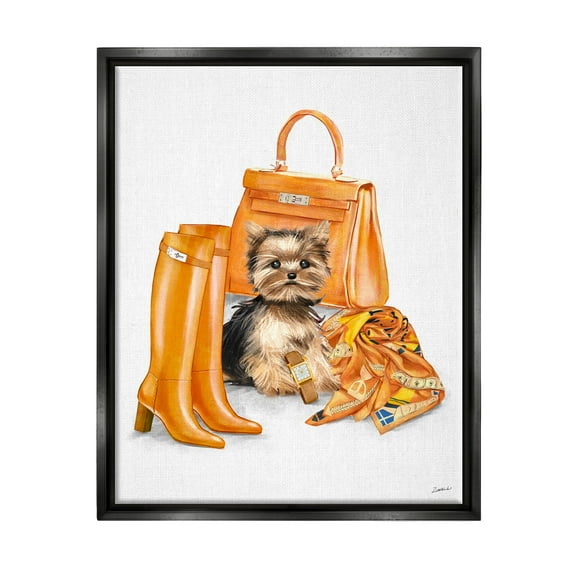 Stupell Industries Orange Yorkie Puppy Dog Fashion Purse Accessories Jet Black Framed Floating Canvas Wall Art, 16x20, by Ziwei Li