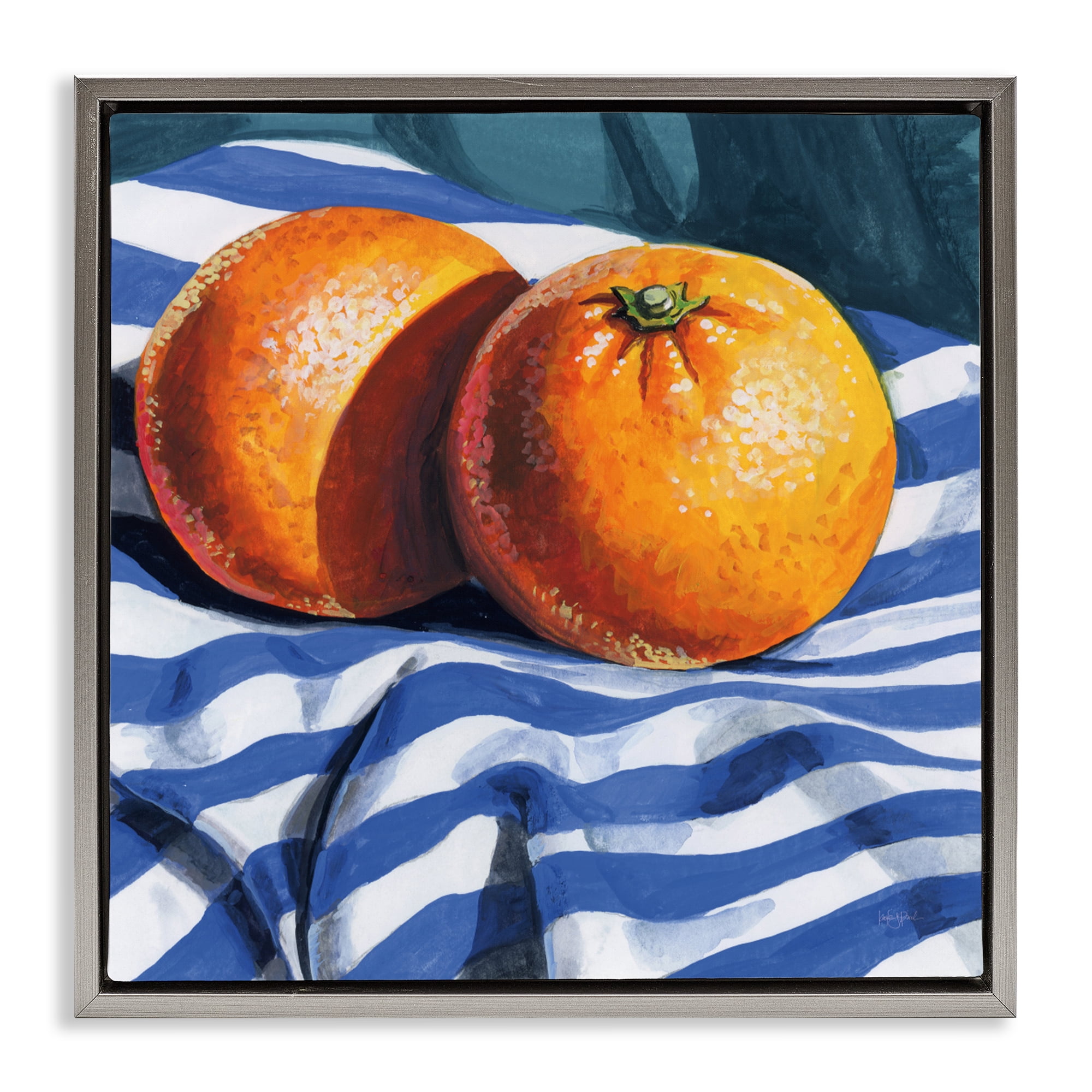 Stupell Industries Oranges On Striped Cloth Gray Framed Floater Canvas Wall Art, design by Kate Jarvik Birch