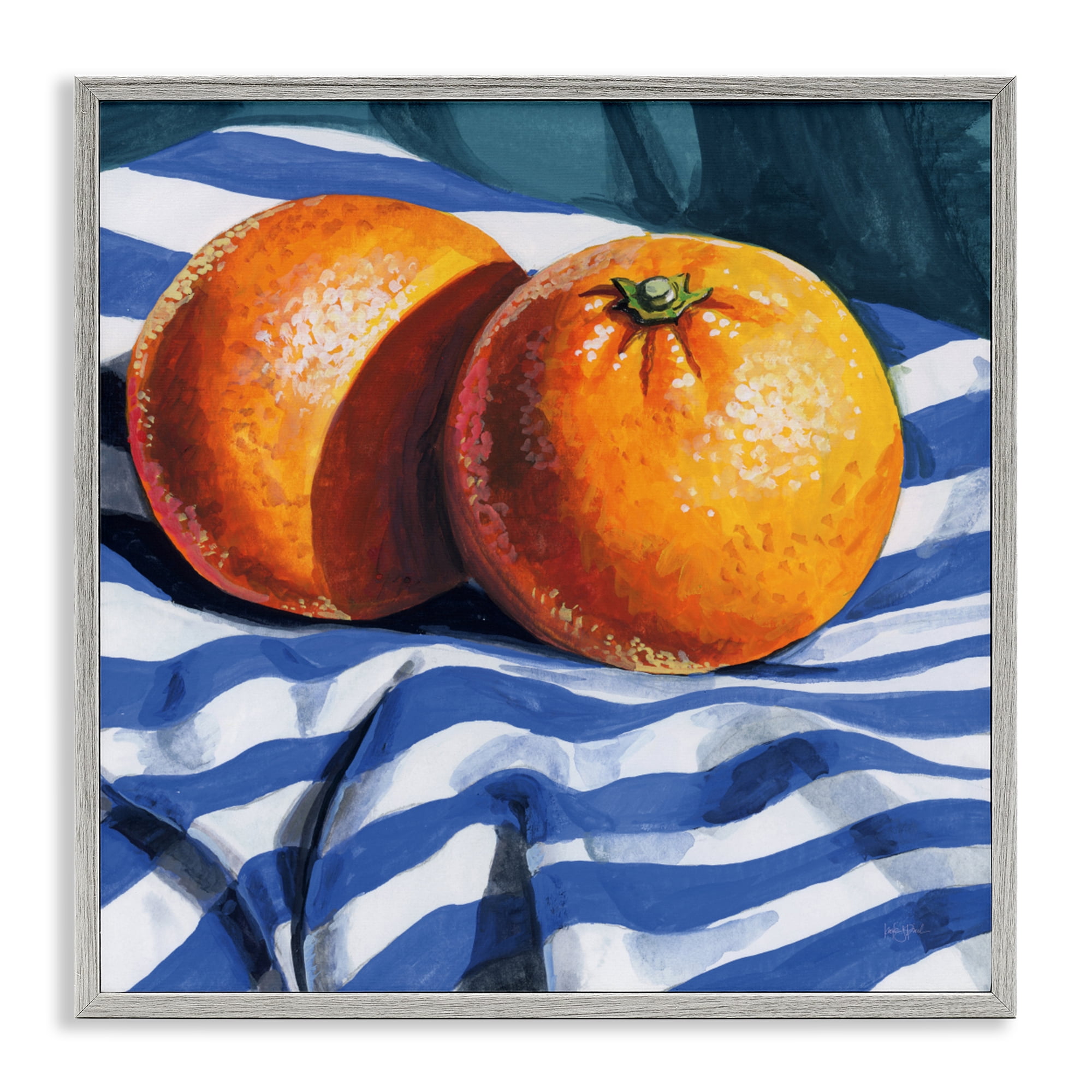Stupell Industries Oranges On Striped Cloth Gray Framed Giclee Art, design by Kate Jarvik Birch