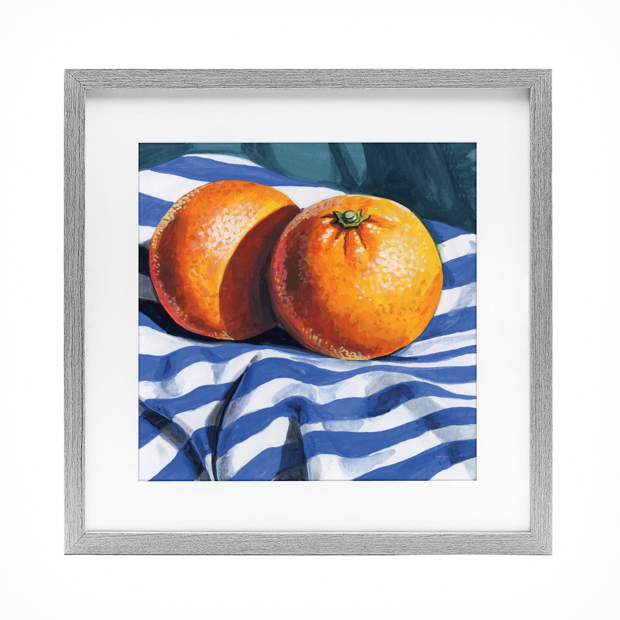 Stupell Industries Oranges On Striped Cloth Gray Framed Print Under Glass, design by Kate Jarvik Birch