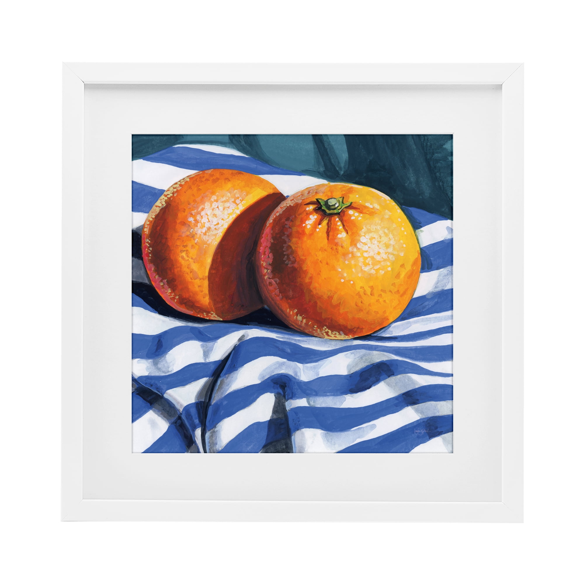 Stupell Industries Oranges On Striped Cloth White Framed Print Under Glass, design by Kate Jarvik Birch