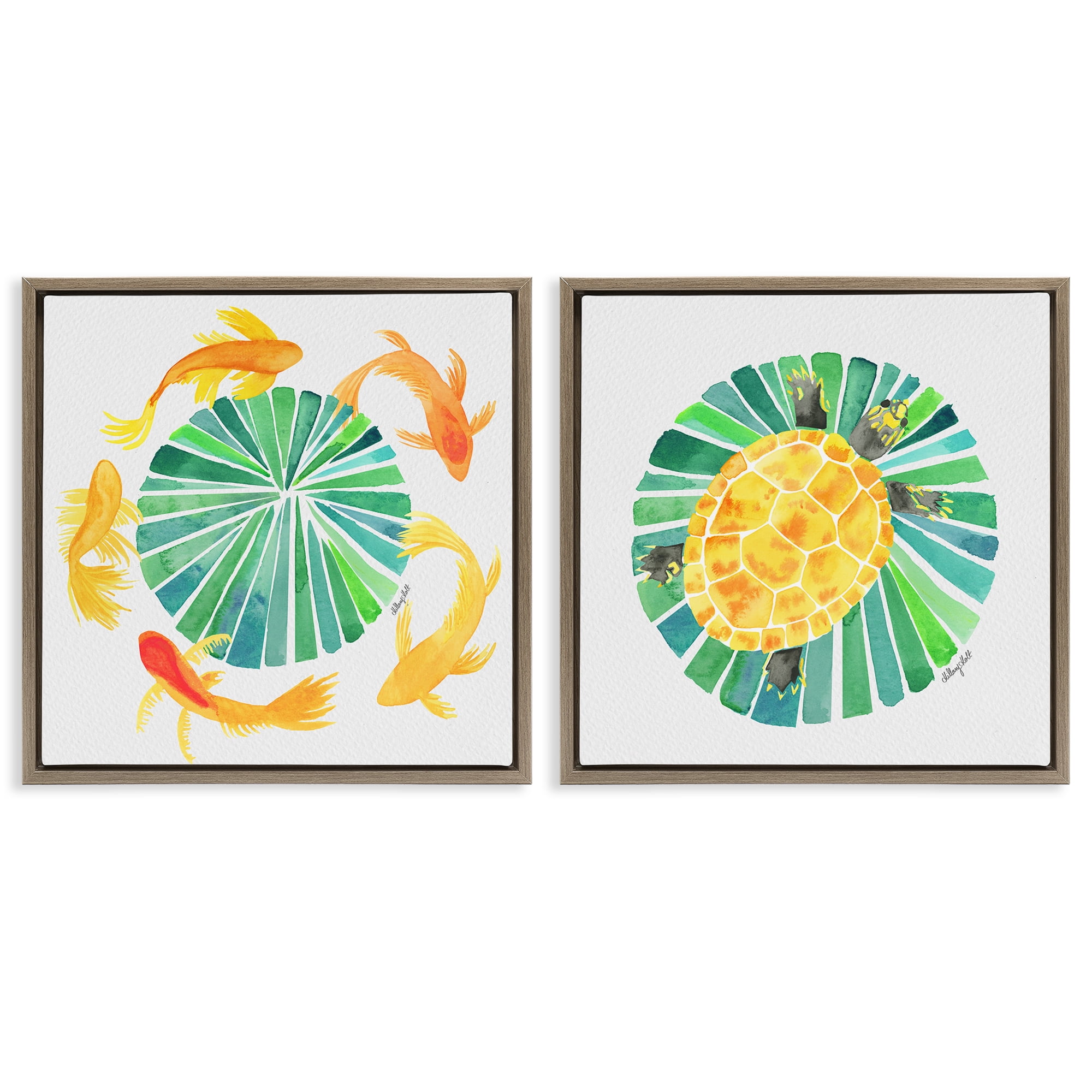Stupell Industries Orbital Aquatic Creatures 2 Piece Brown Framed Floater Canvas Set, design by Hillary Holt