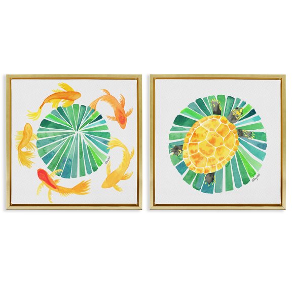 Stupell Industries Orbital Aquatic Creatures 2 Piece Gold Framed Floater Canvas Set, design by Hillary Holt
