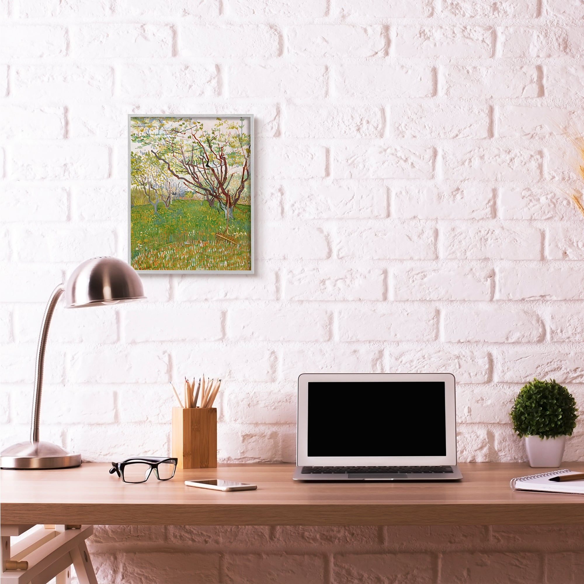Stupell Industries Orchard Field Green Brown Van Gogh Classical Painting Gray Framed Art Print Wall Art, 16x20, by Vincent Van Gogh
