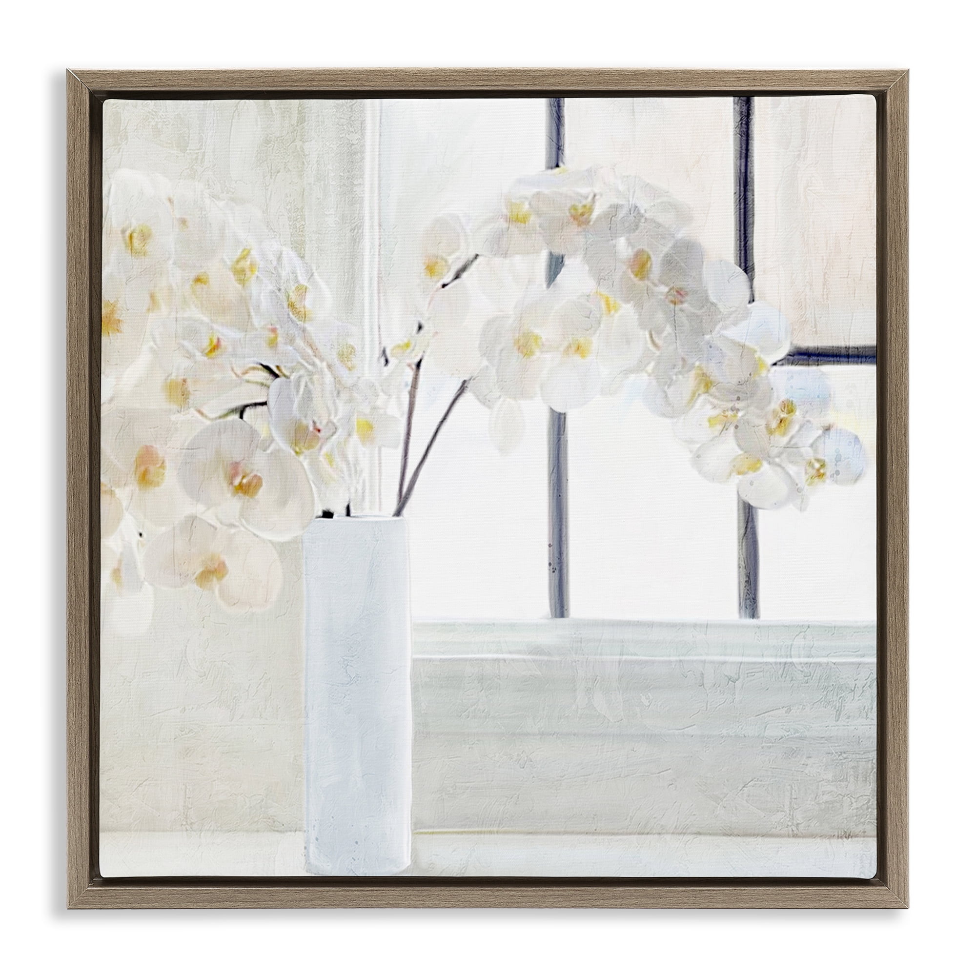 Stupell Industries Orchid Stems Windowsill Plants & Flowers Painting Brown Floater Framed Canvas Art Print Wall Art, 18 x 18