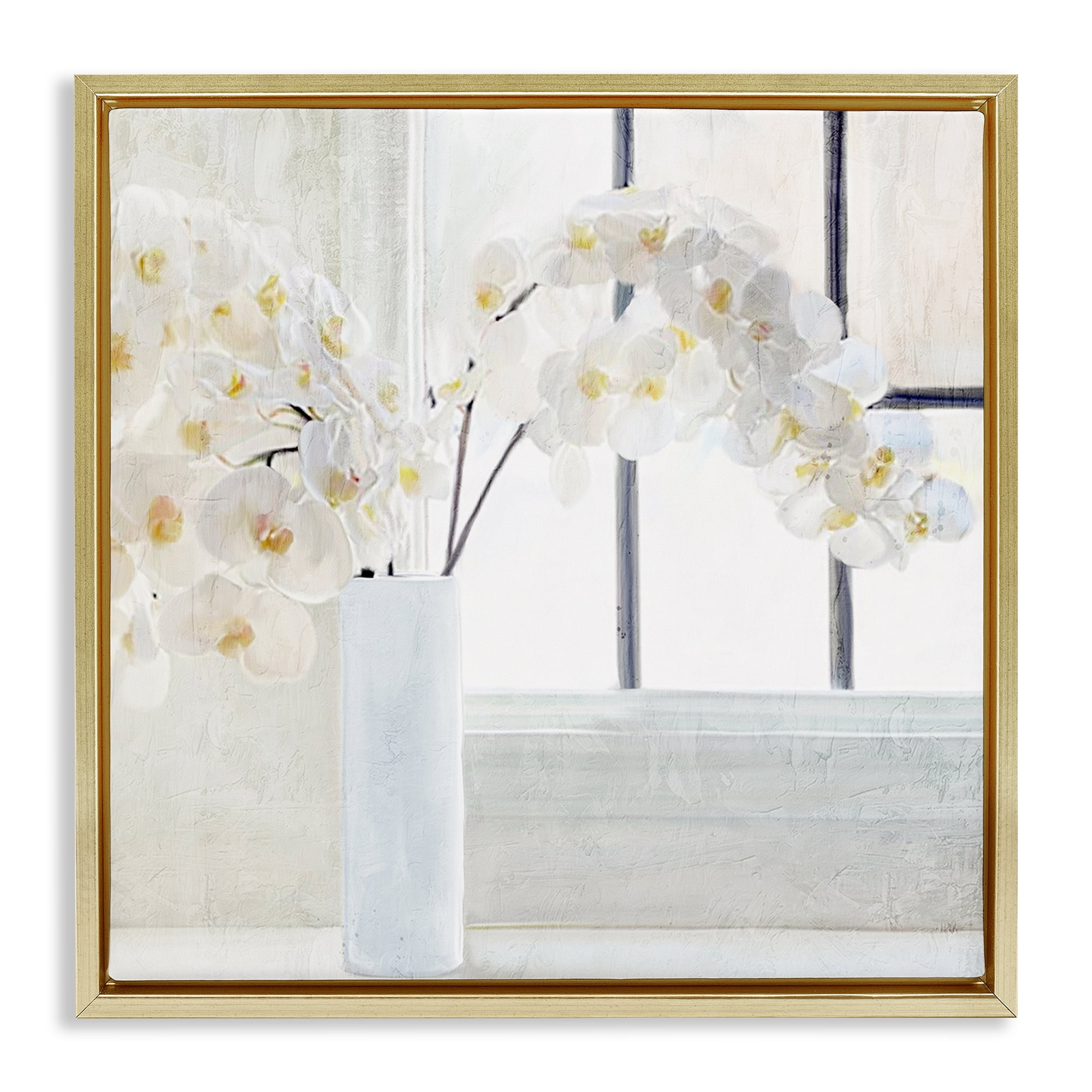 Stupell Industries Orchid Stems Windowsill Plants & Flowers Painting Gold Floater Framed Canvas Art Print Wall Art, 18 x 18
